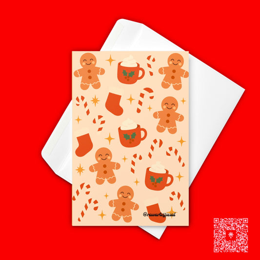 Retro gingerbread Christmas card with cookies, candy canes, stockings, and cocoa mugs on beige background.