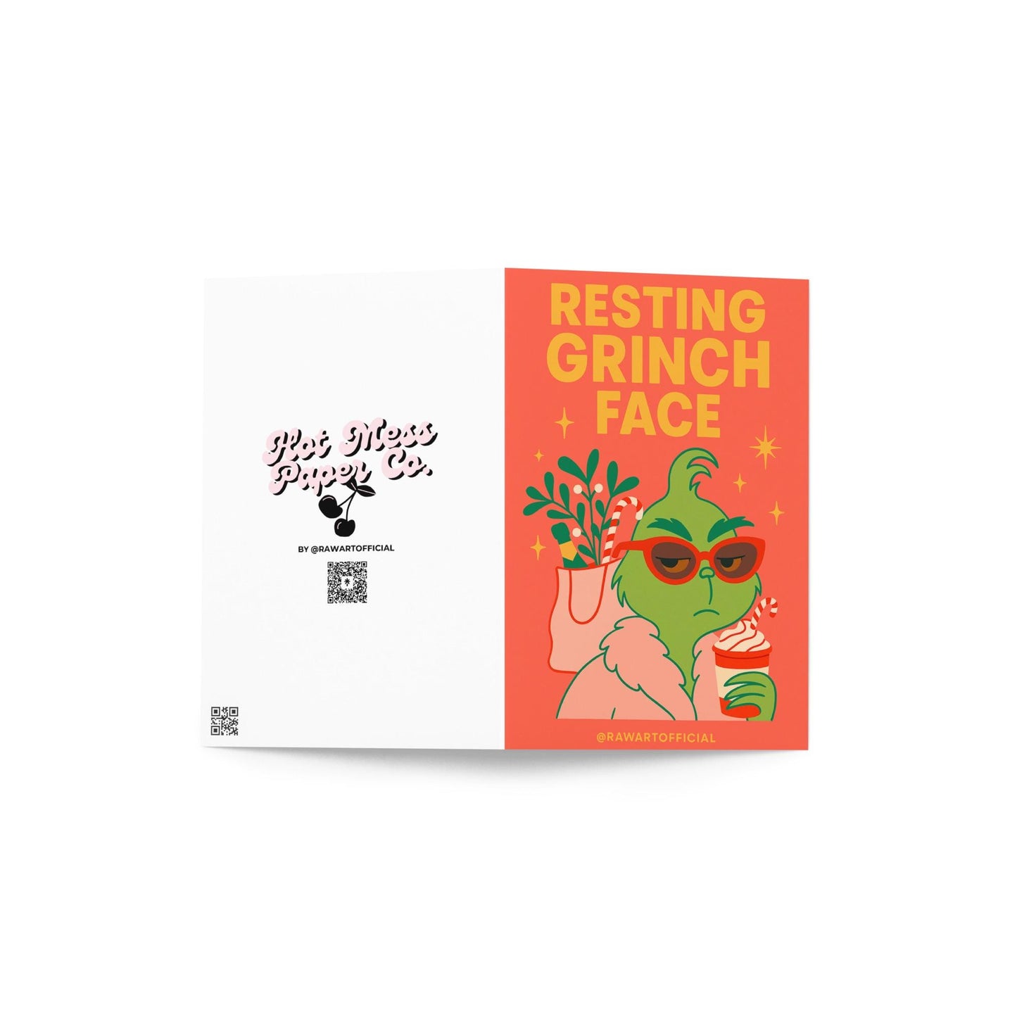 Funny “Resting Grinch Face” Christmas card with retro-style Grinch in sunglasses holding a holiday drink, sassy holiday humor design.