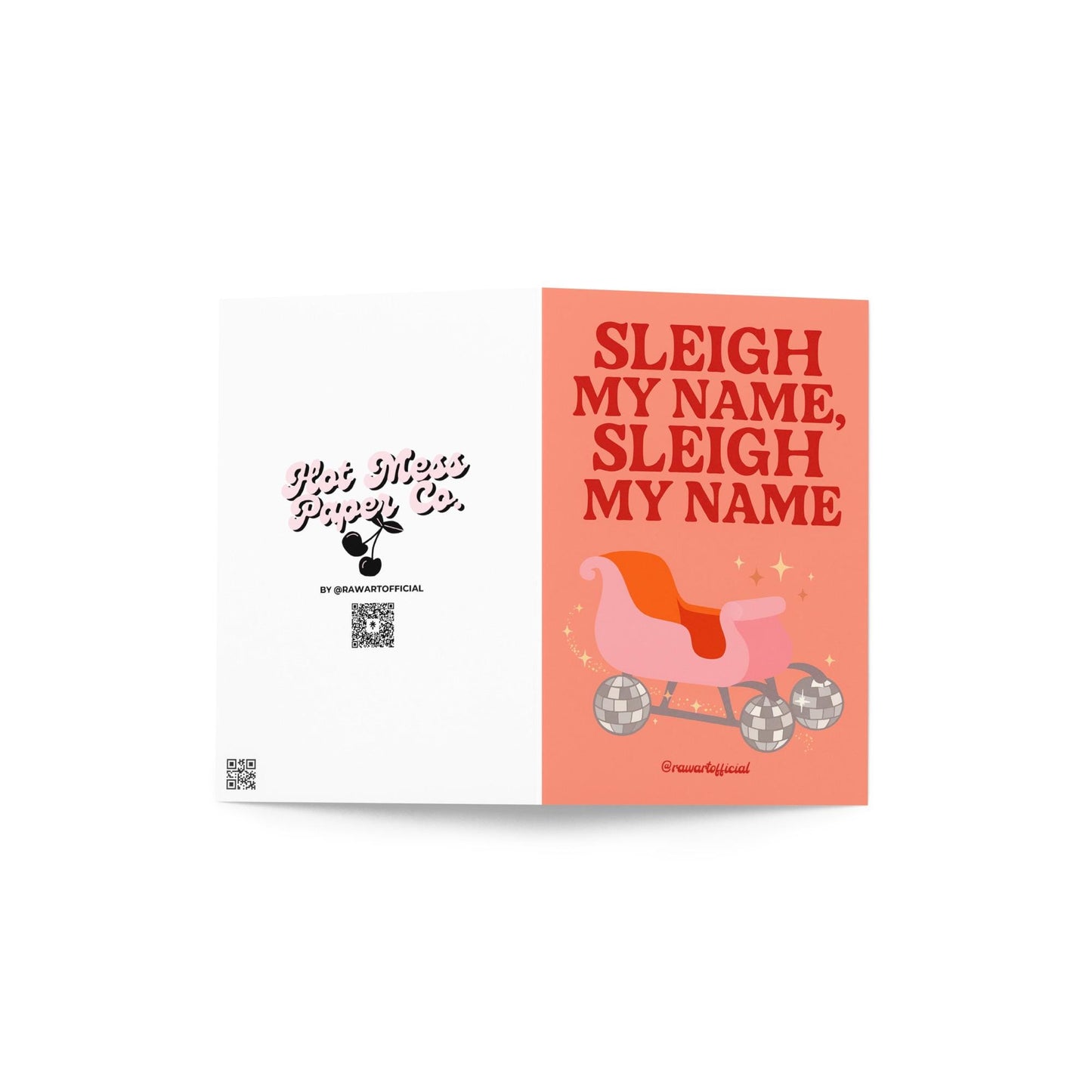 Retro pink Christmas card with disco ball sleigh and the phrase “Sleigh My Name, Sleigh My Name” in bold red text.