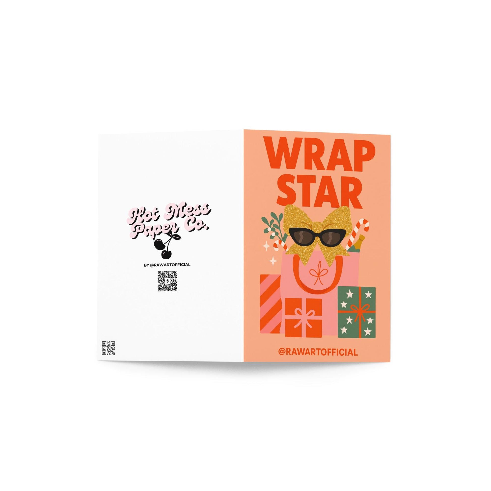 Funny Christmas card with “Wrap Star” text, glitter bow sunglasses, and wrapped gifts design.