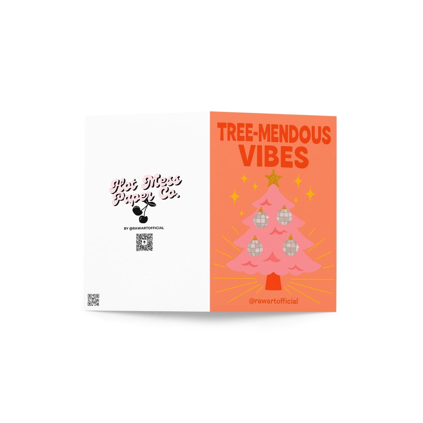 Retro pink Christmas card with disco-ball ornaments and “Tree-Mendous Vibes” text.