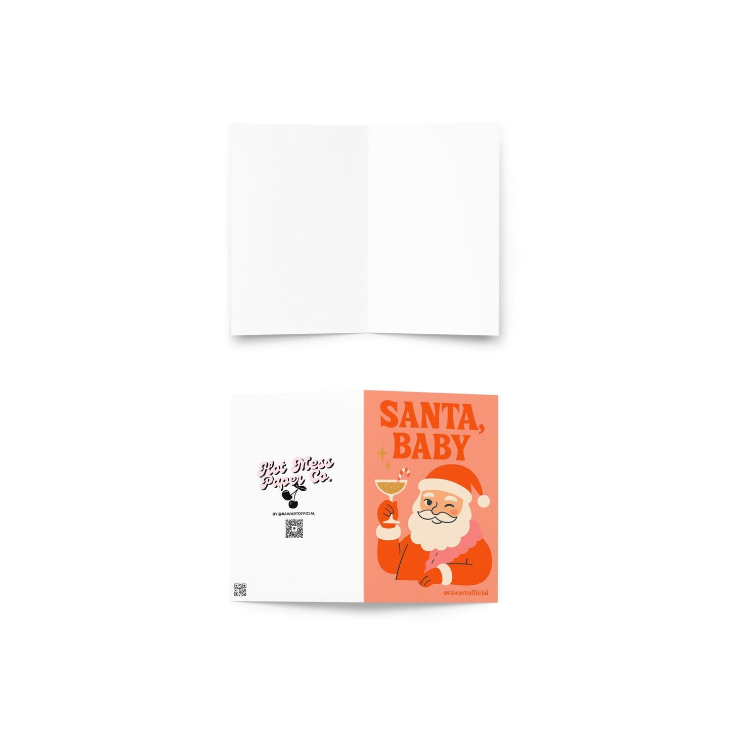 Funny Christmas greeting card with winking Santa holding a cocktail and text “Santa Baby.”