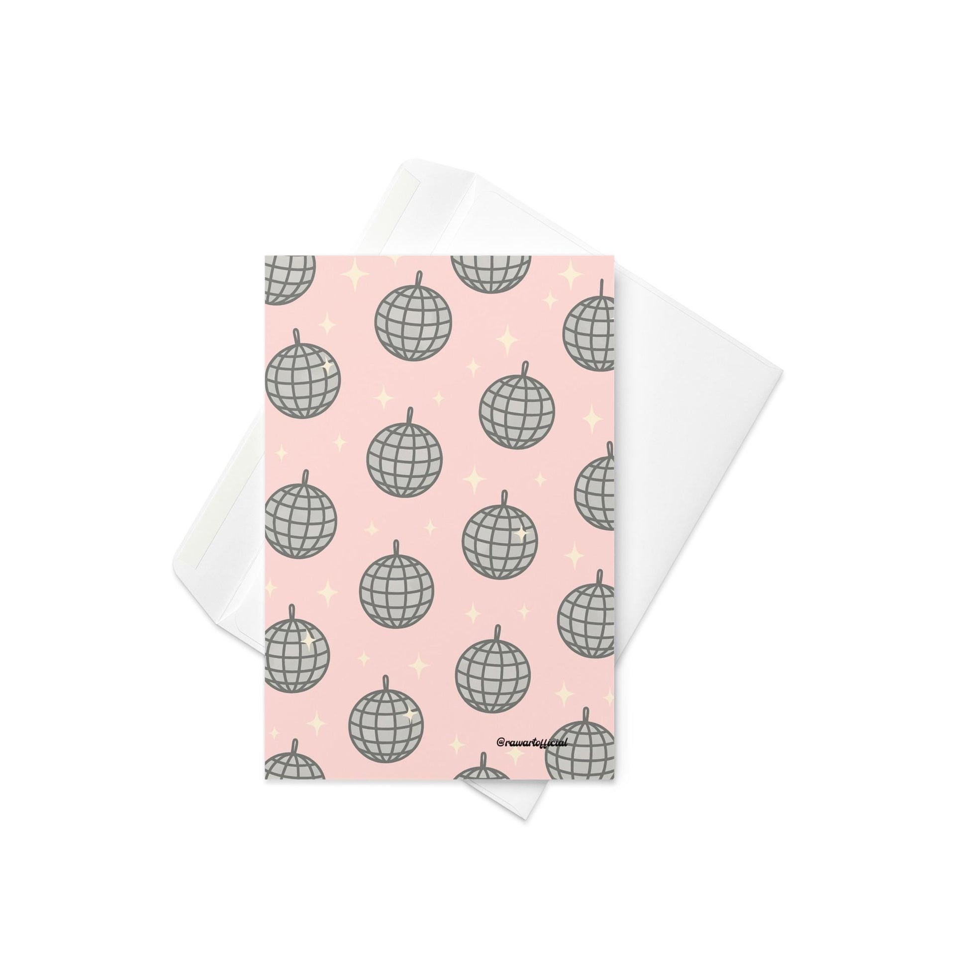 Retro disco ball greeting card with pink background and sparkly design
