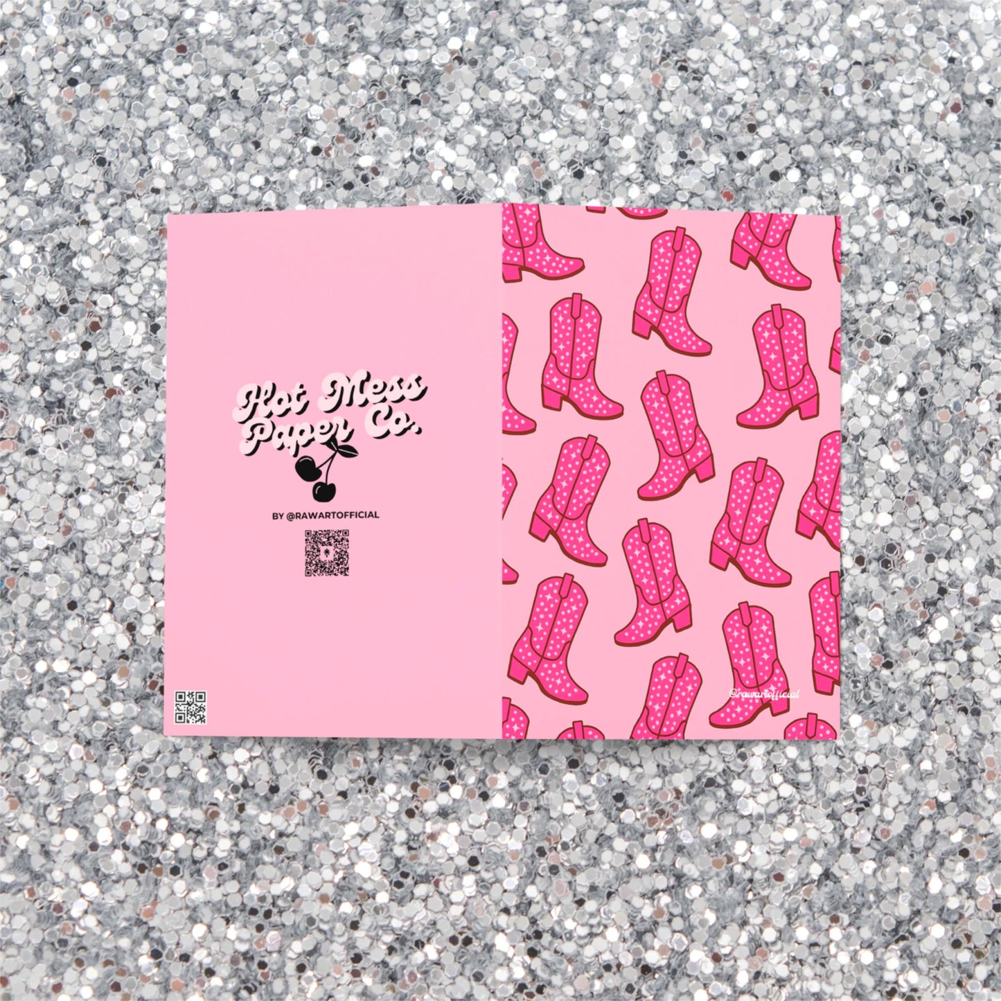 Retro pink cowgirl boot greeting card with sparkly Y2K western design.