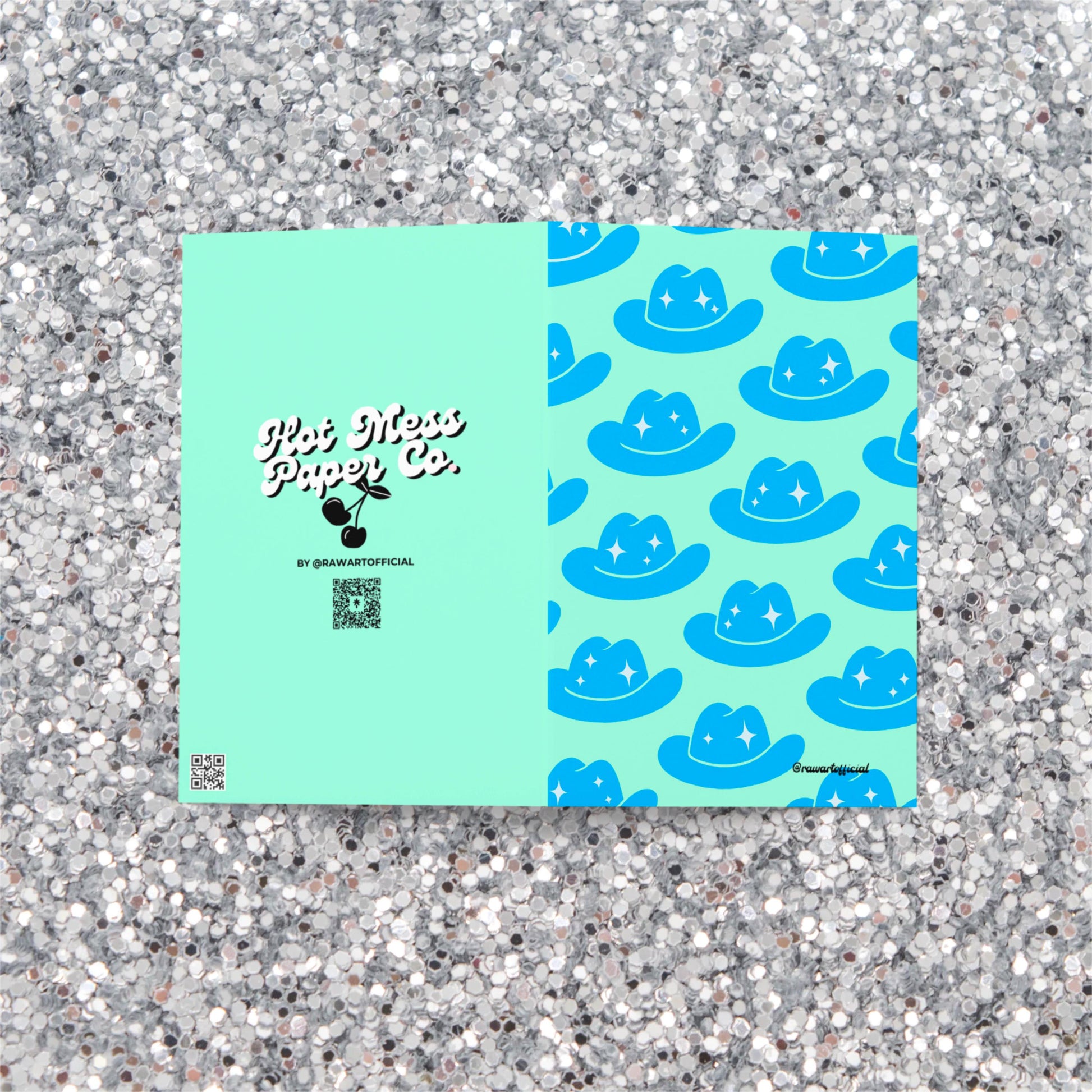 Retro sparkly blue cowgirl hat card in Y2K western aesthetic