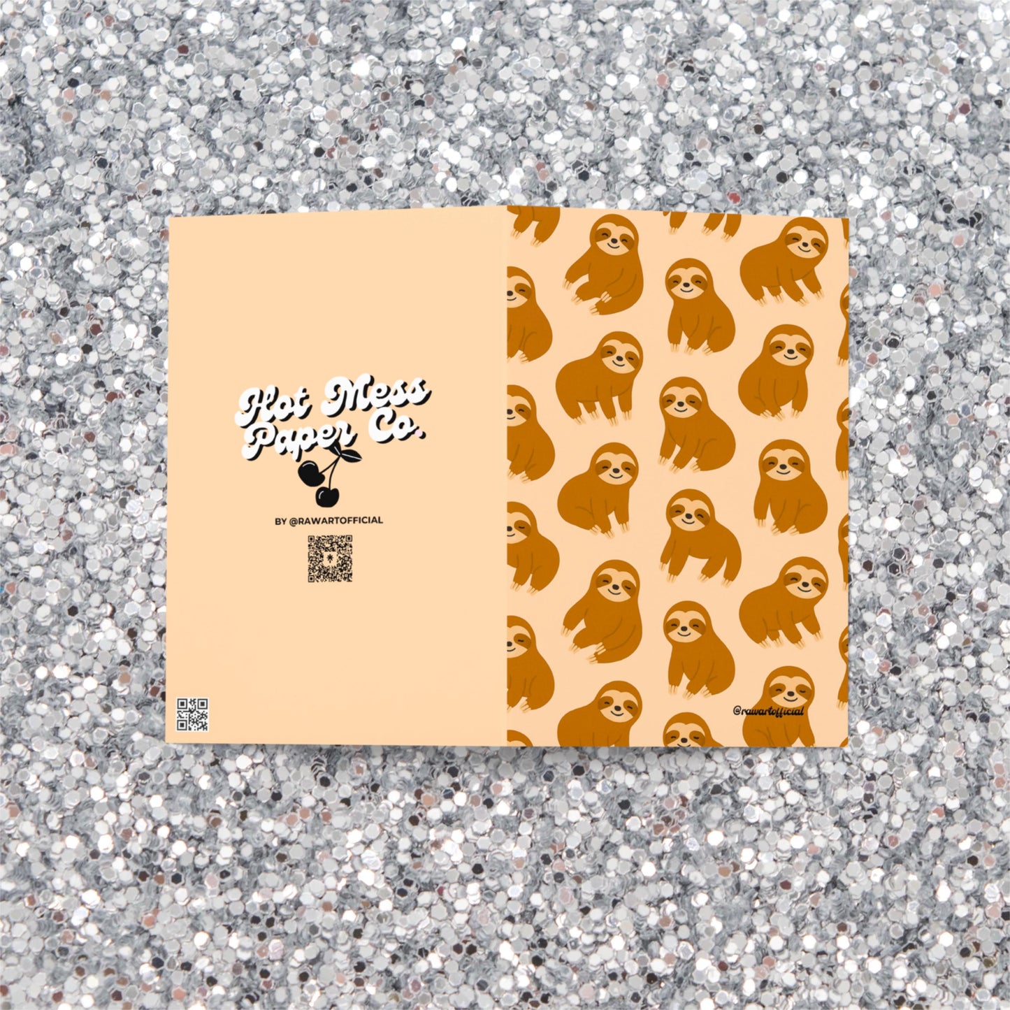 Retro sloth greeting card with cute repeating cartoon sloths in a playful pattern
