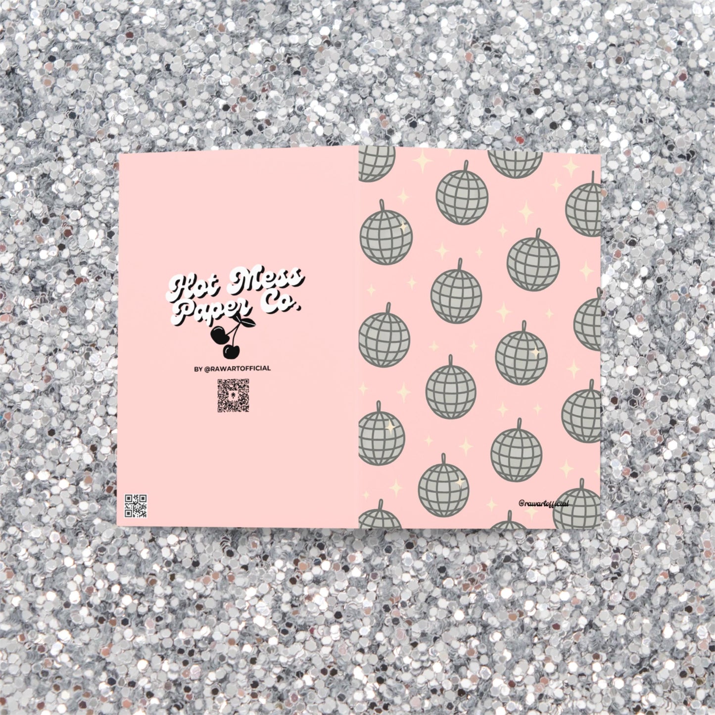 Retro disco ball greeting card with pink background and sparkly design