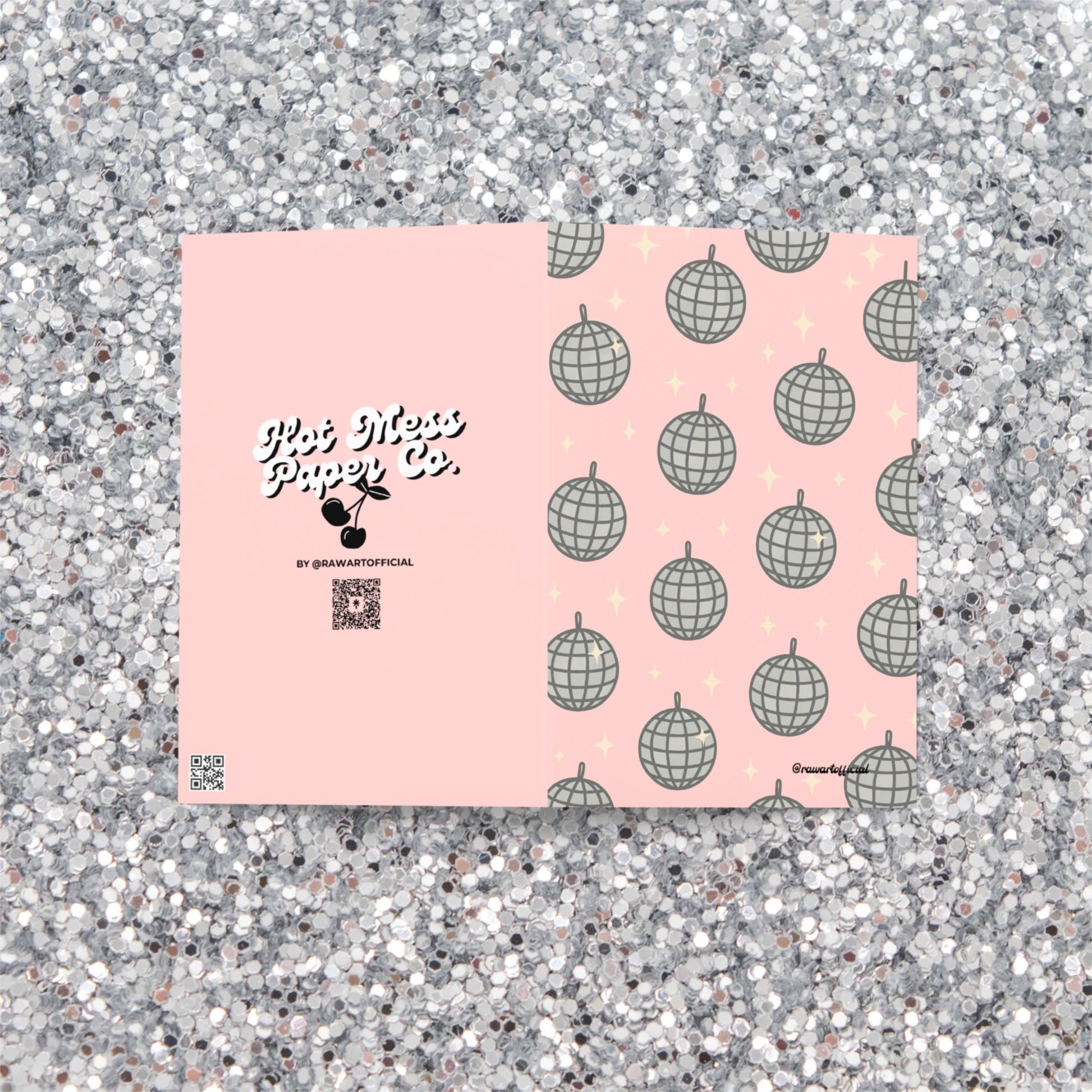 Retro disco ball greeting card with pink background and sparkly design