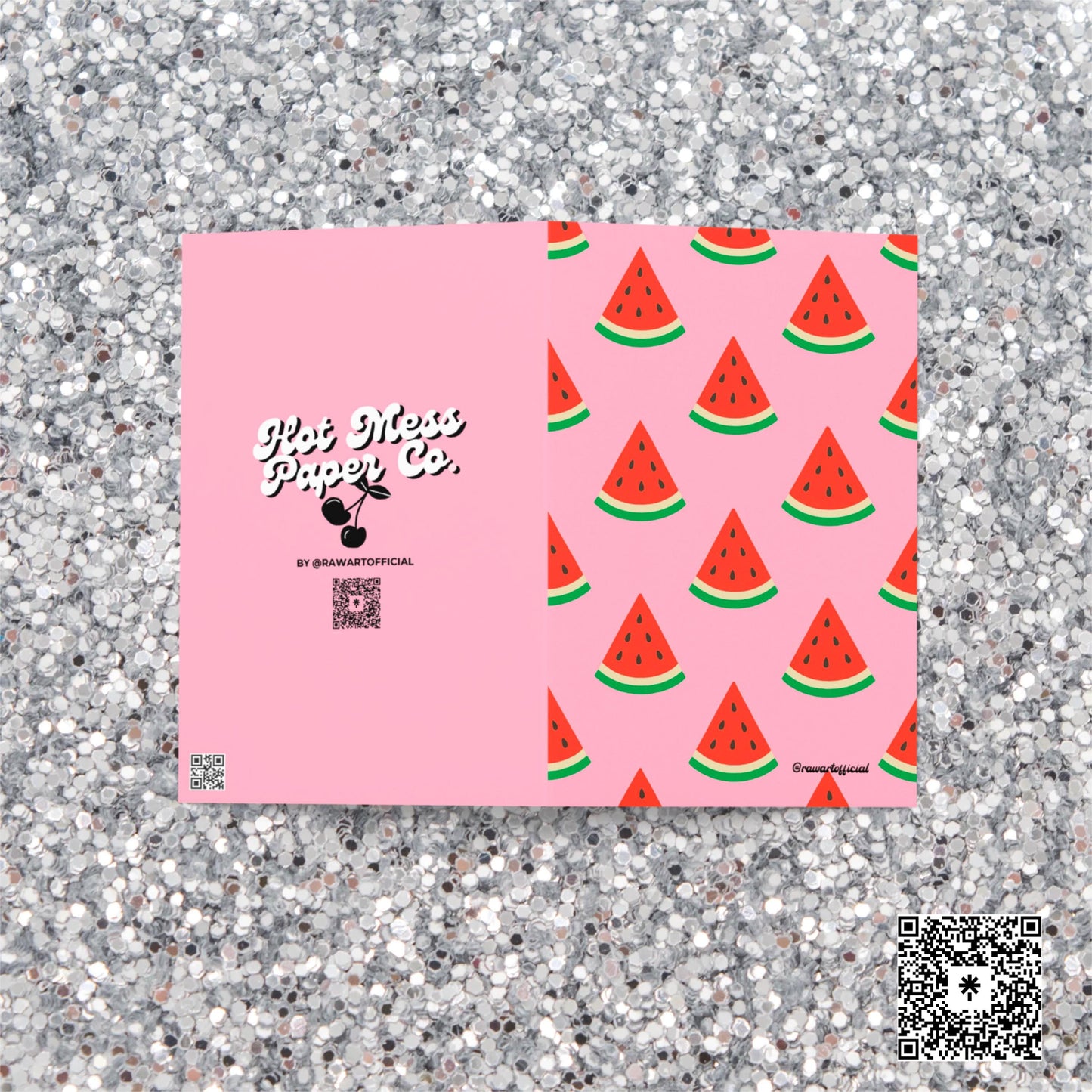 Pink greeting card with repeating watermelon slice pattern in bold retro Y2K style.