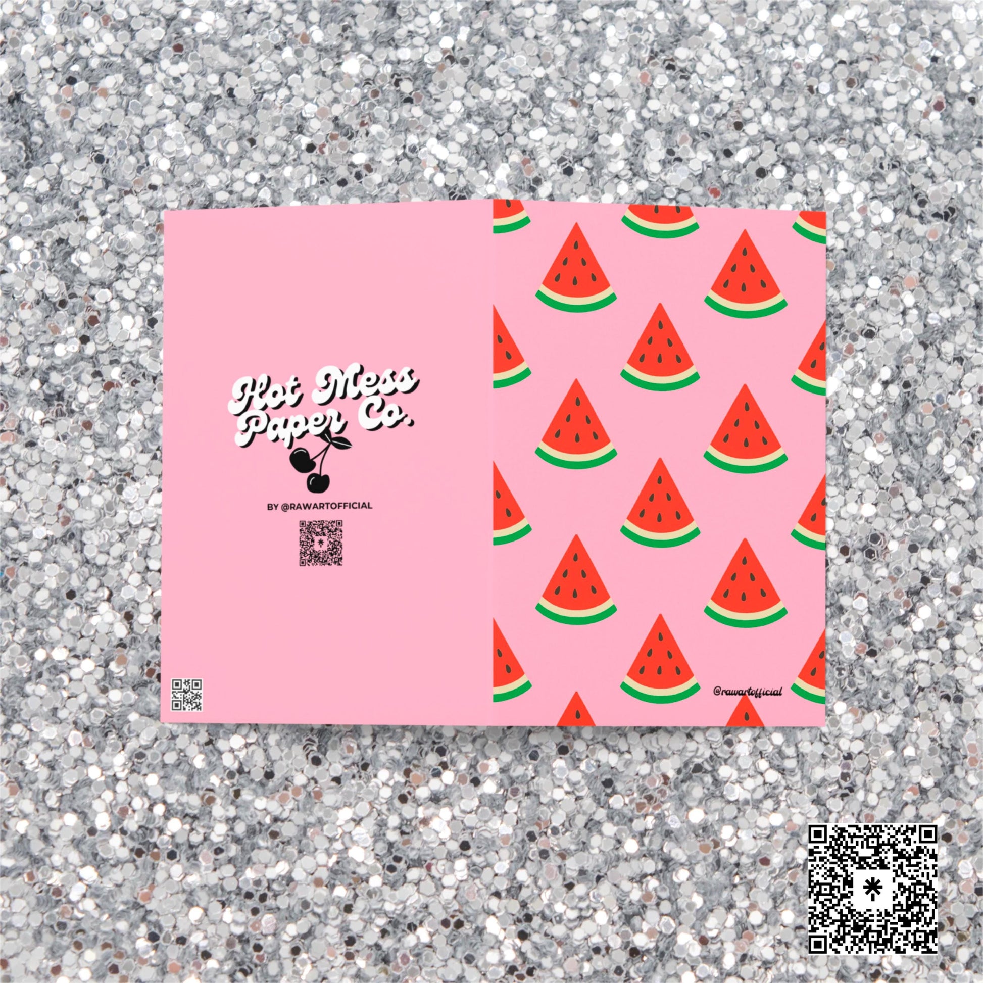 Pink greeting card with repeating watermelon slice pattern in bold retro Y2K style.