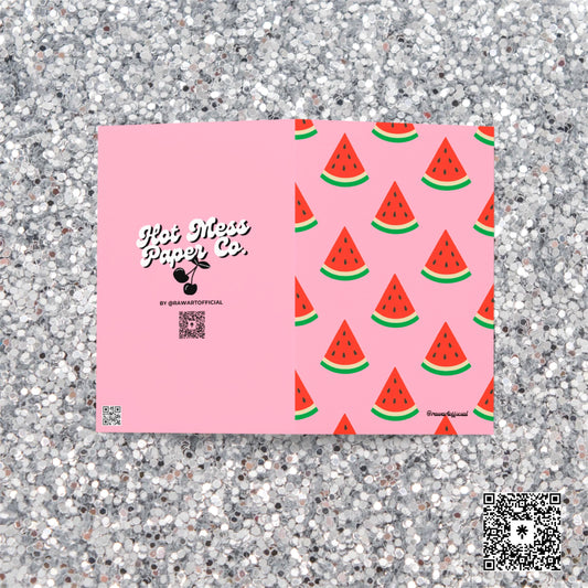 Pink greeting card with repeating watermelon slice pattern in bold retro Y2K style.