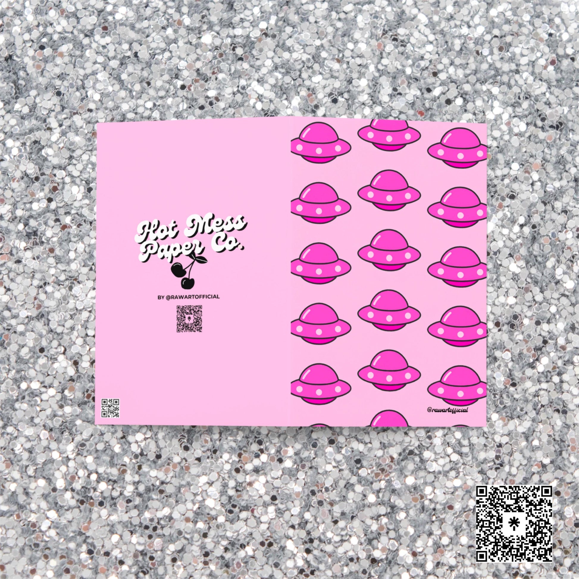 Pink greeting card with repeating bright pink UFO spaceship pattern in Y2K pop-art style.
