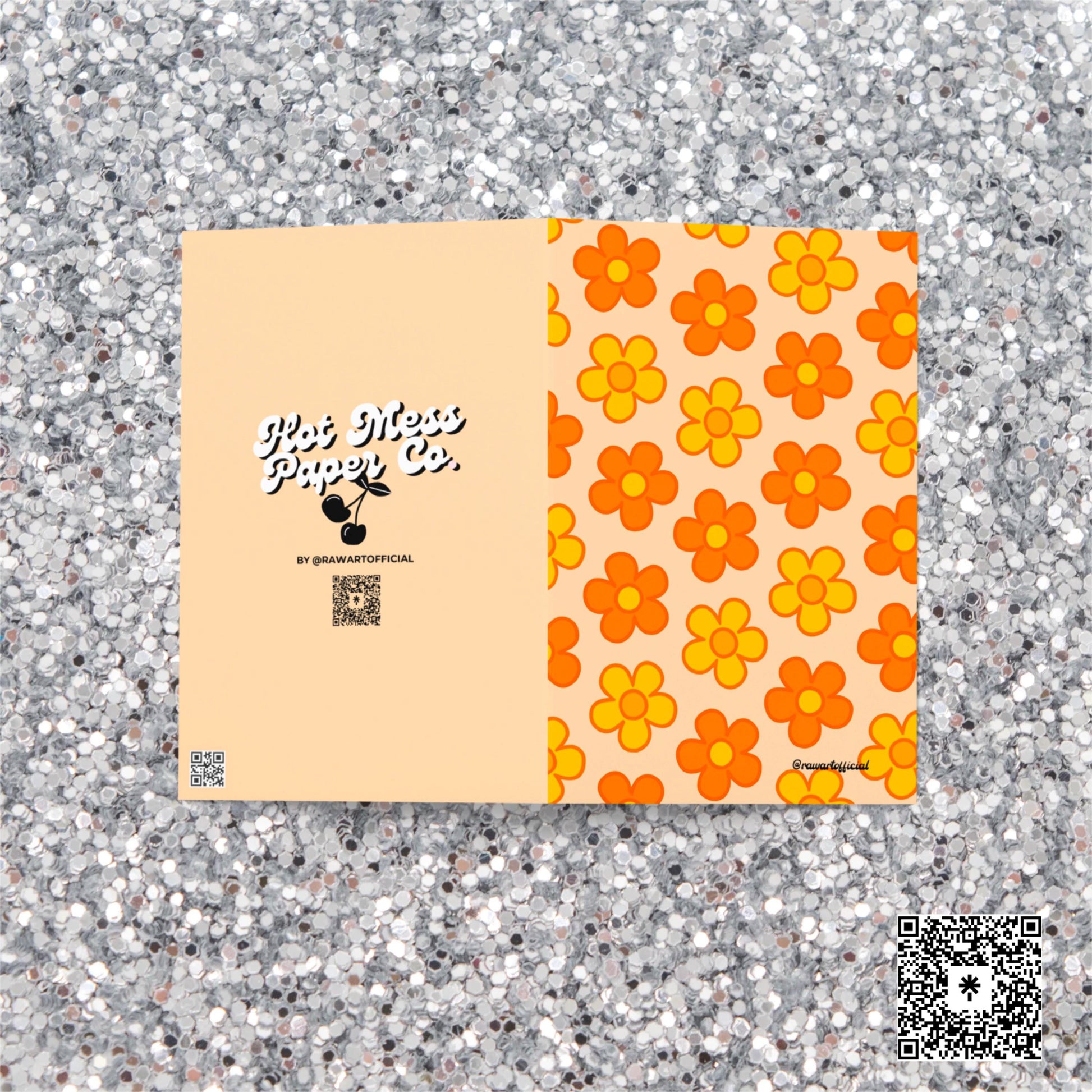 Cream greeting card with repeating orange and yellow daisy flower pattern in retro 70s Y2K style.