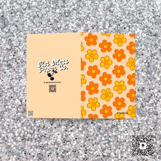 Cream greeting card with repeating orange and yellow daisy flower pattern in retro 70s Y2K style.