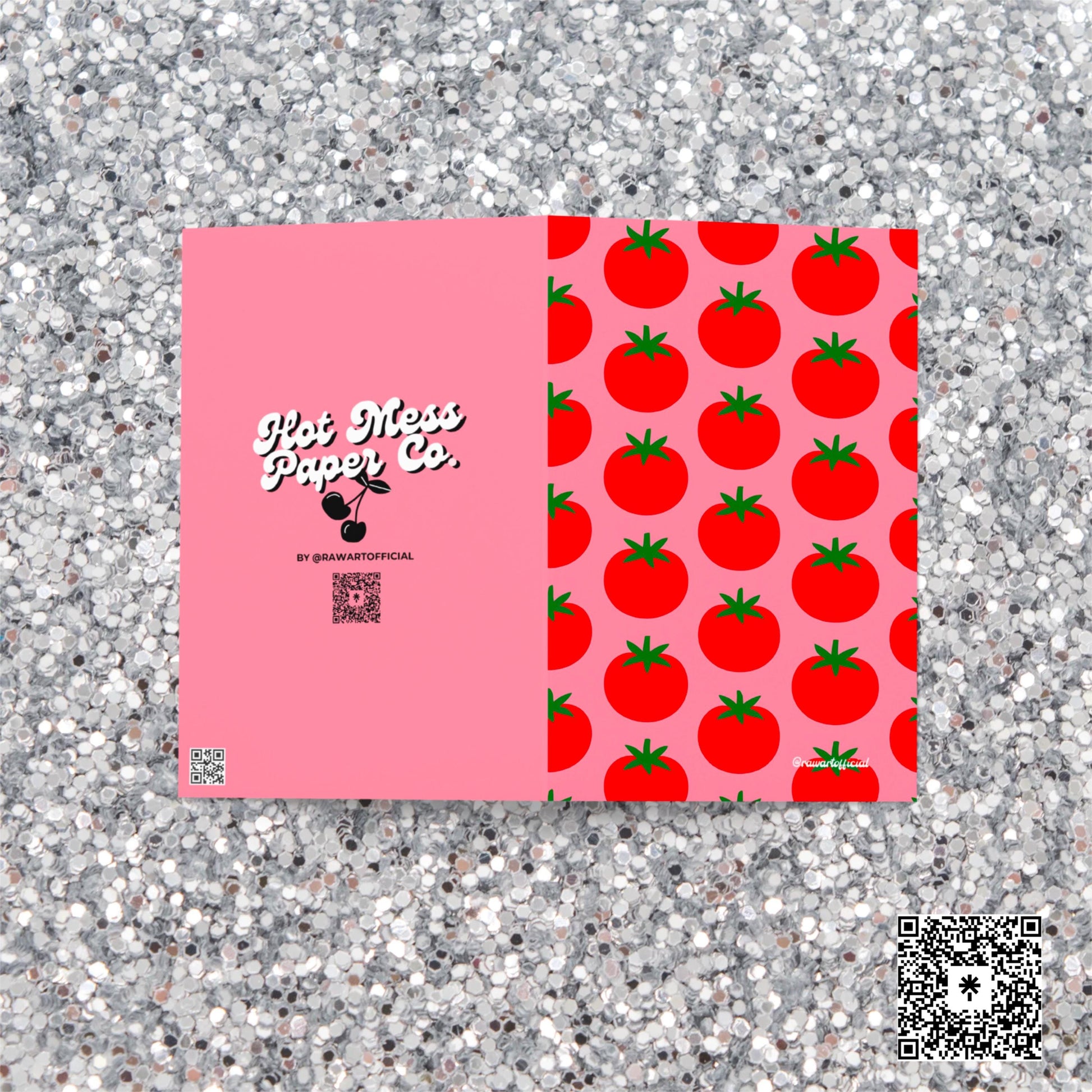 Retro tomato greeting card with bold red veggie print on pink background