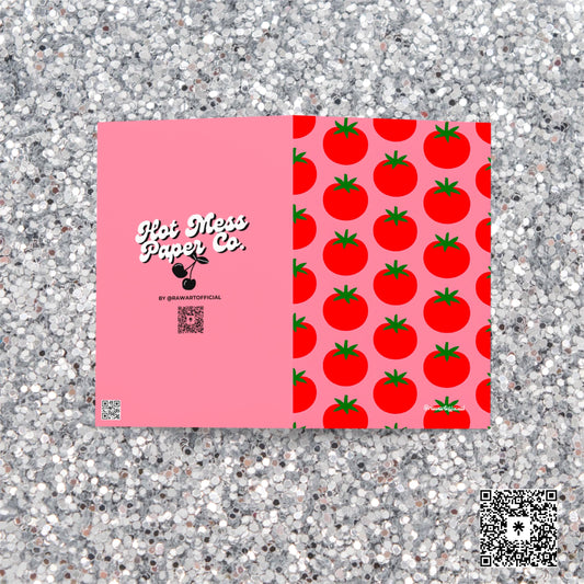 Retro tomato greeting card with bold red veggie print on pink background