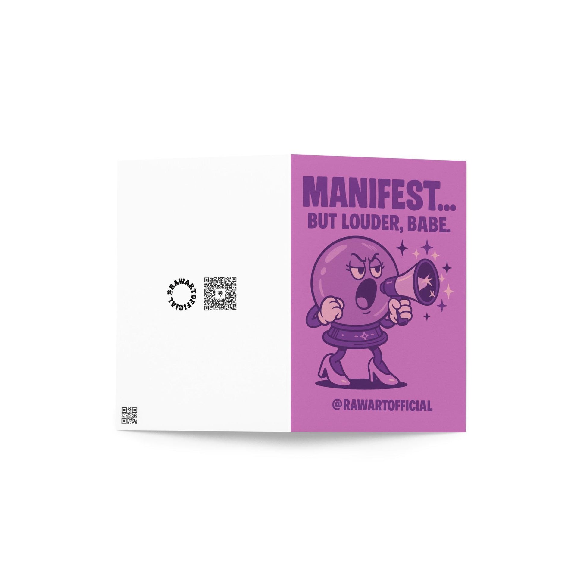 Retro crystal ball girl in heels with megaphone saying “Manifest But Louder Babe” on purple card.