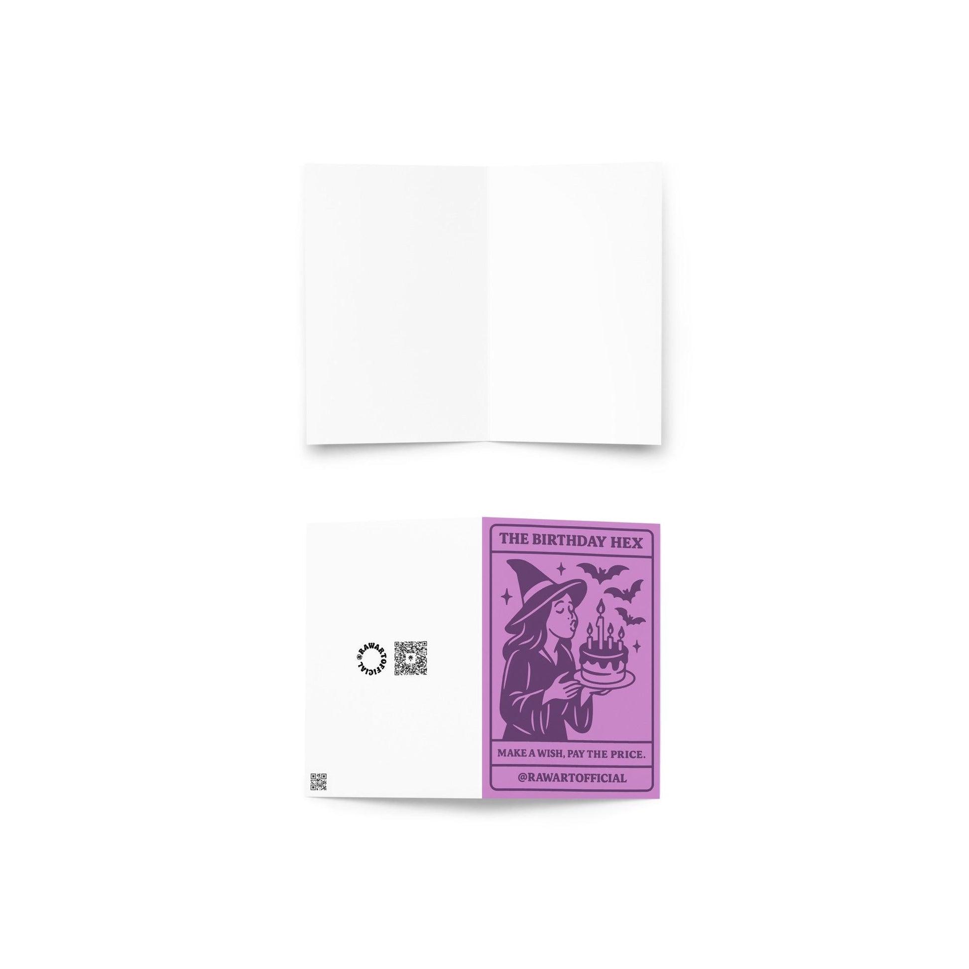 Purple witch birthday card with cartoon witch blowing out candles and bats flying, tarot-style spooky greeting card.