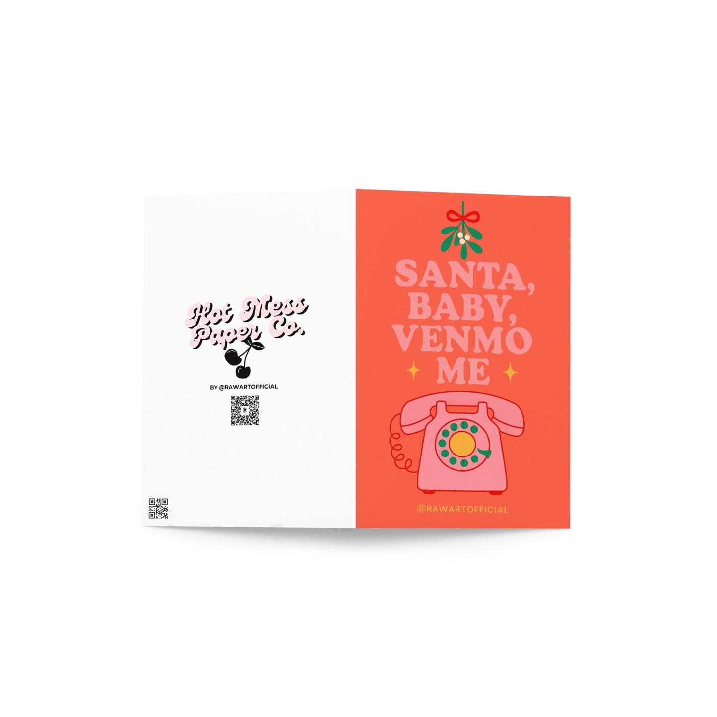 Retro “Santa Baby, Venmo Me” Christmas card with pink rotary phone and mistletoe