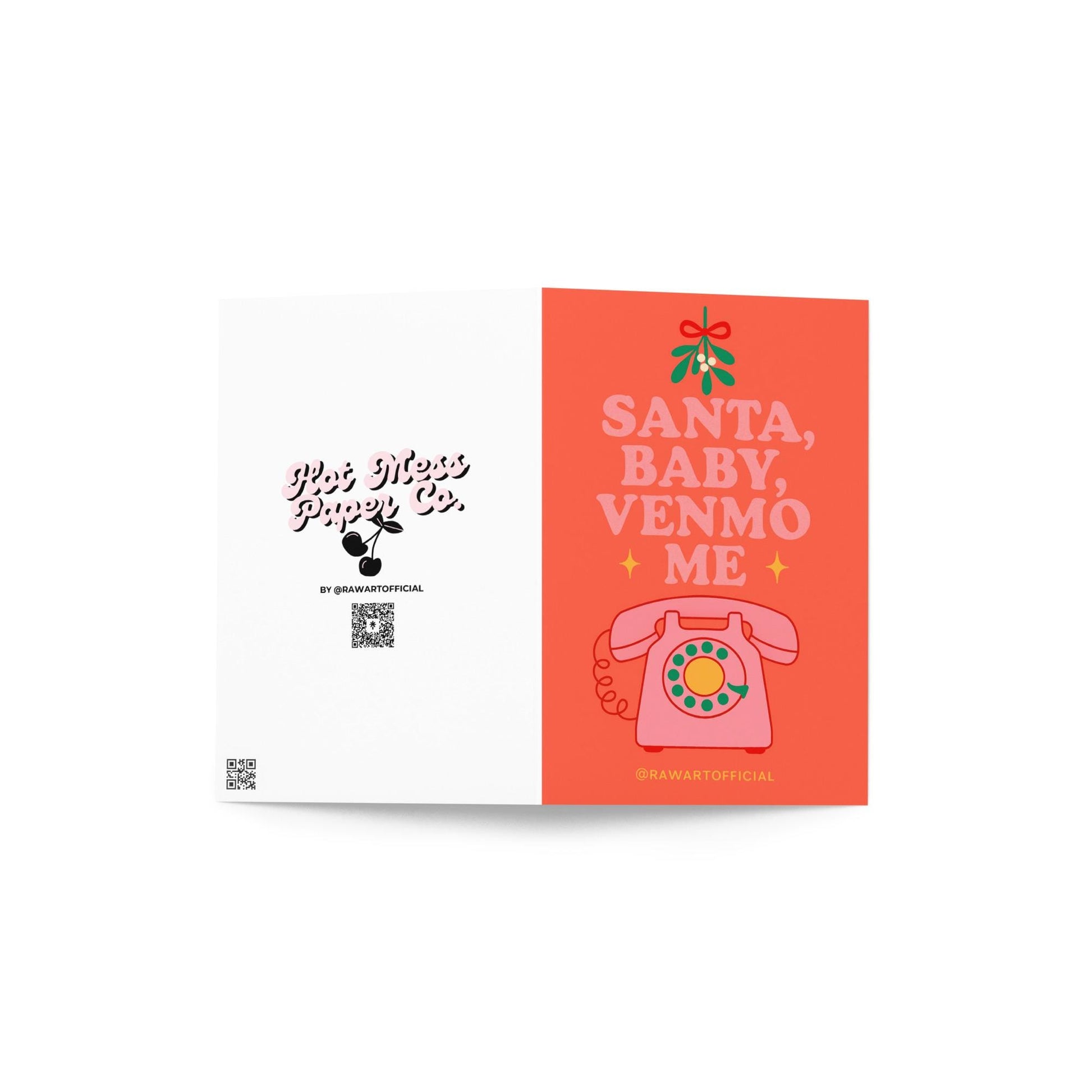 Retro “Santa Baby, Venmo Me” Christmas card with pink rotary phone and mistletoe