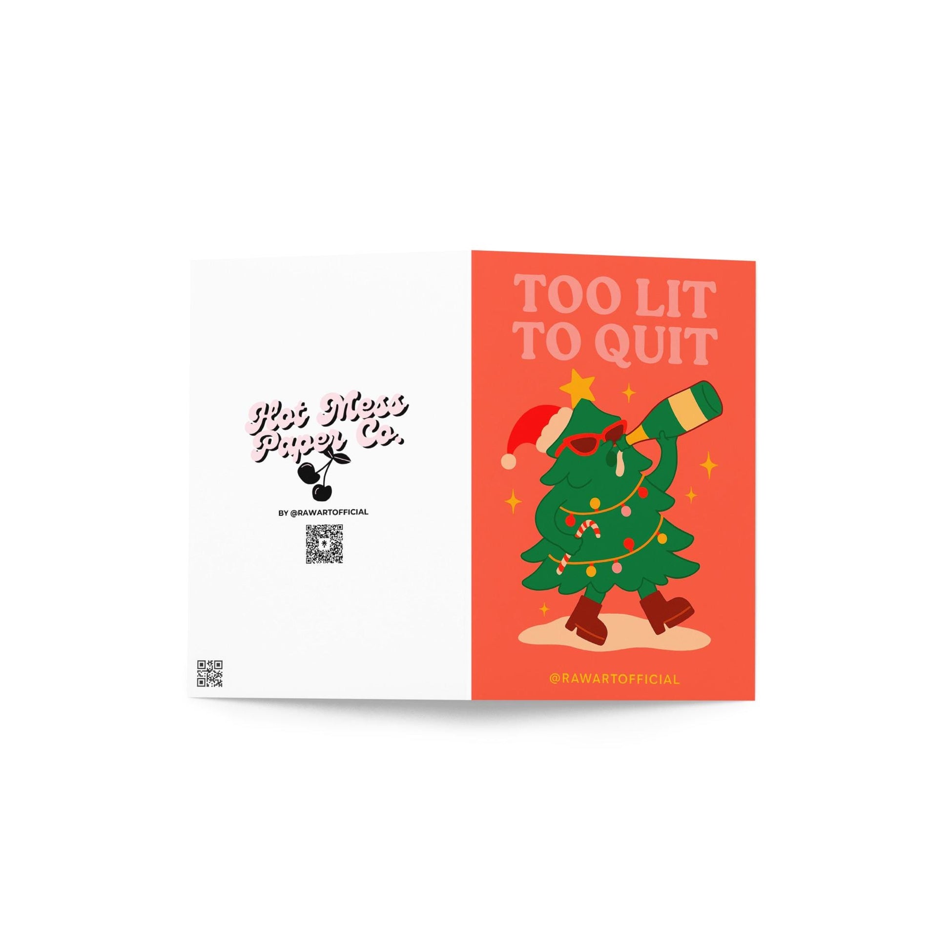 Funny Christmas card with retro Christmas tree in sunglasses chugging champagne, phrase &quot;Too Lit to Quit.&quot;