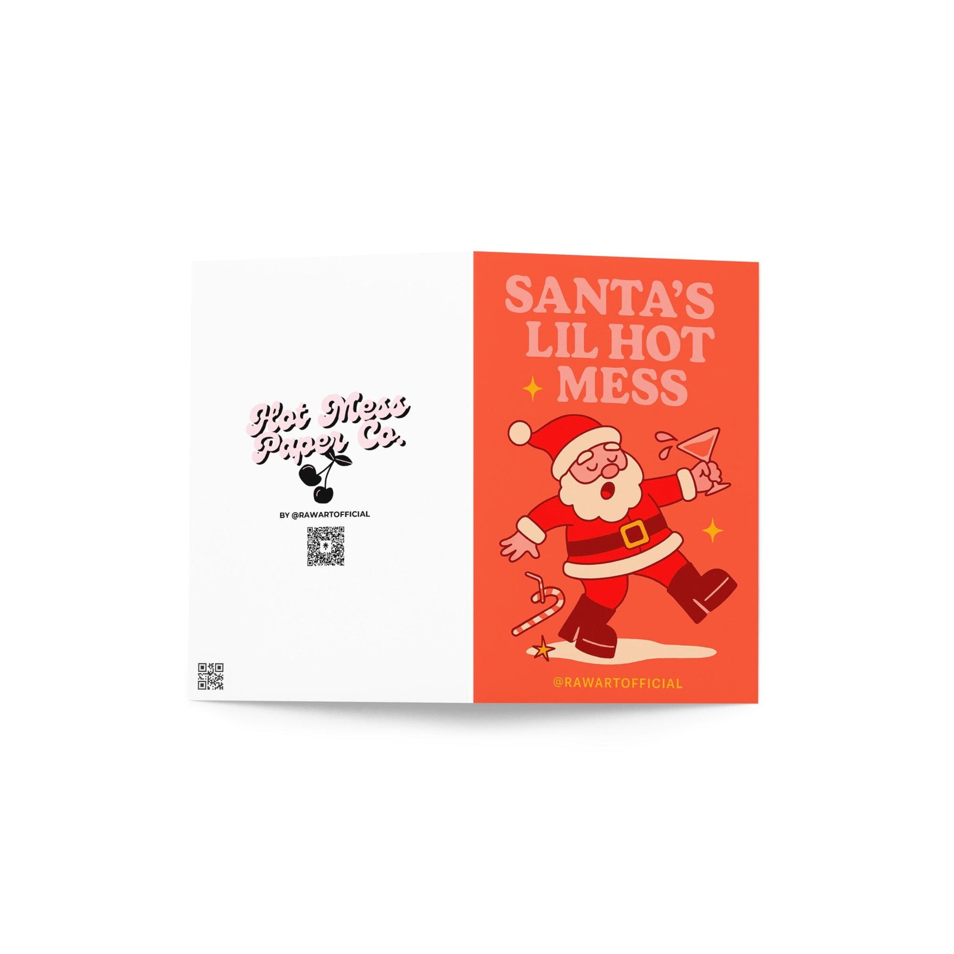 Retro funny Christmas card featuring a drunk Santa stumbling with a martini glass under the phrase “Santa’s Lil Hot Mess.”