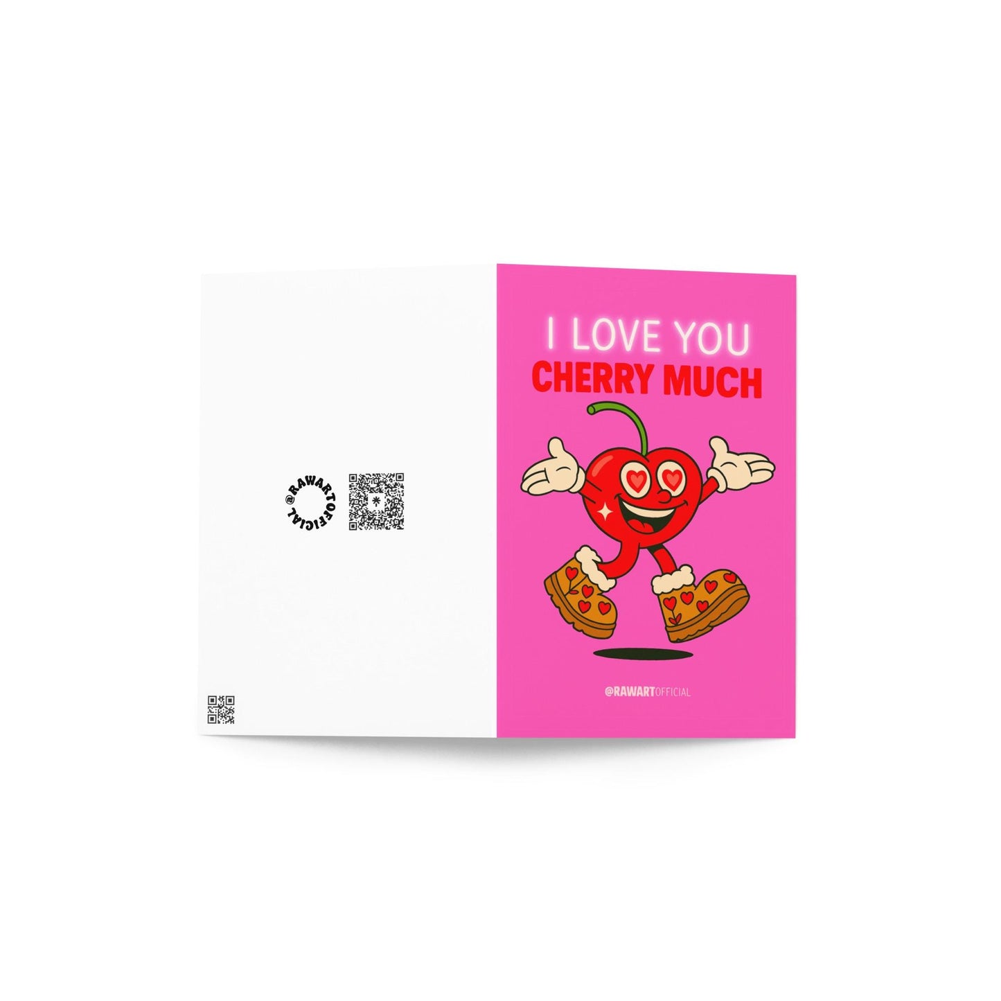 Retro cherry cartoon with heart eyes in Ugg boots, holding arms wide under neon text saying “I Love You Cherry Much” on a pink background.
