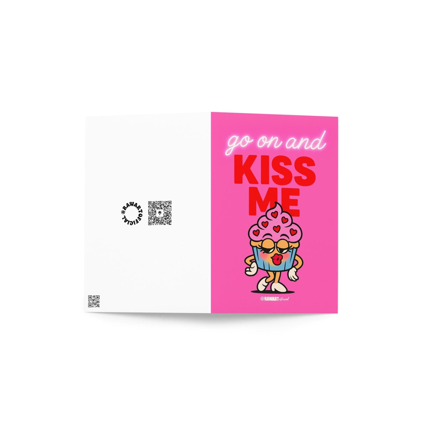 Retro pink cupcake cartoon with heart sprinkles and lipstick kiss, saying “Go On And Kiss Me.”