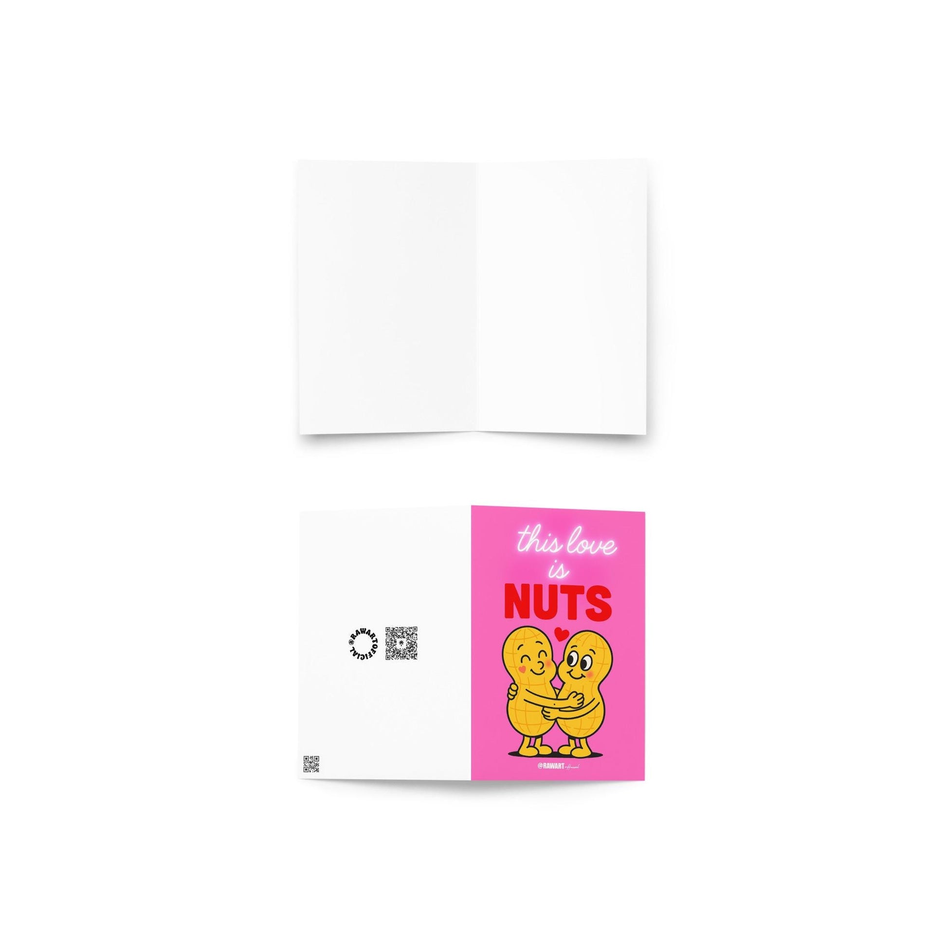 Retro cartoon peanuts hugging with hearts, text reads “This Love Is Nuts” on hot pink background.