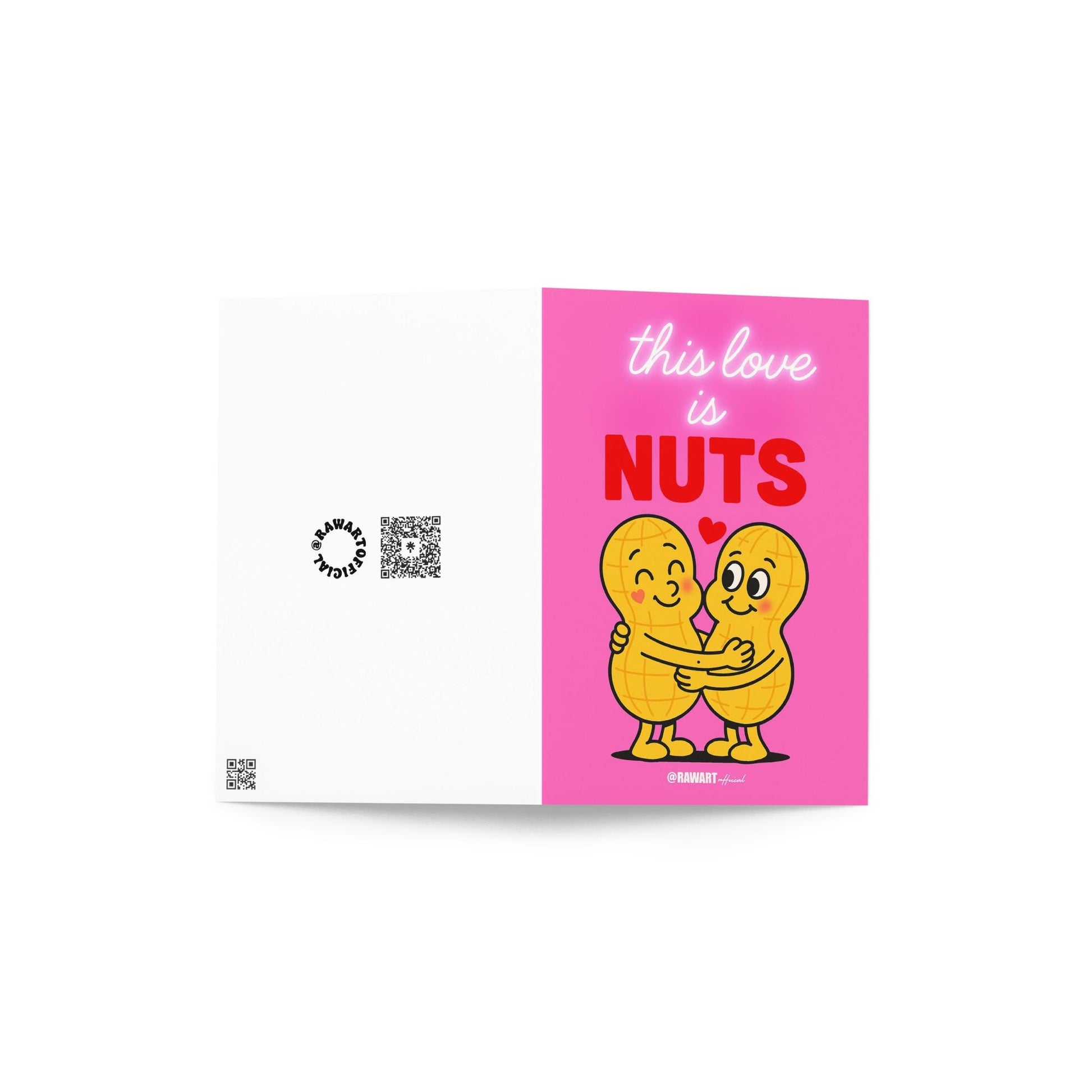 Retro cartoon peanuts hugging with hearts, text reads “This Love Is Nuts” on hot pink background.