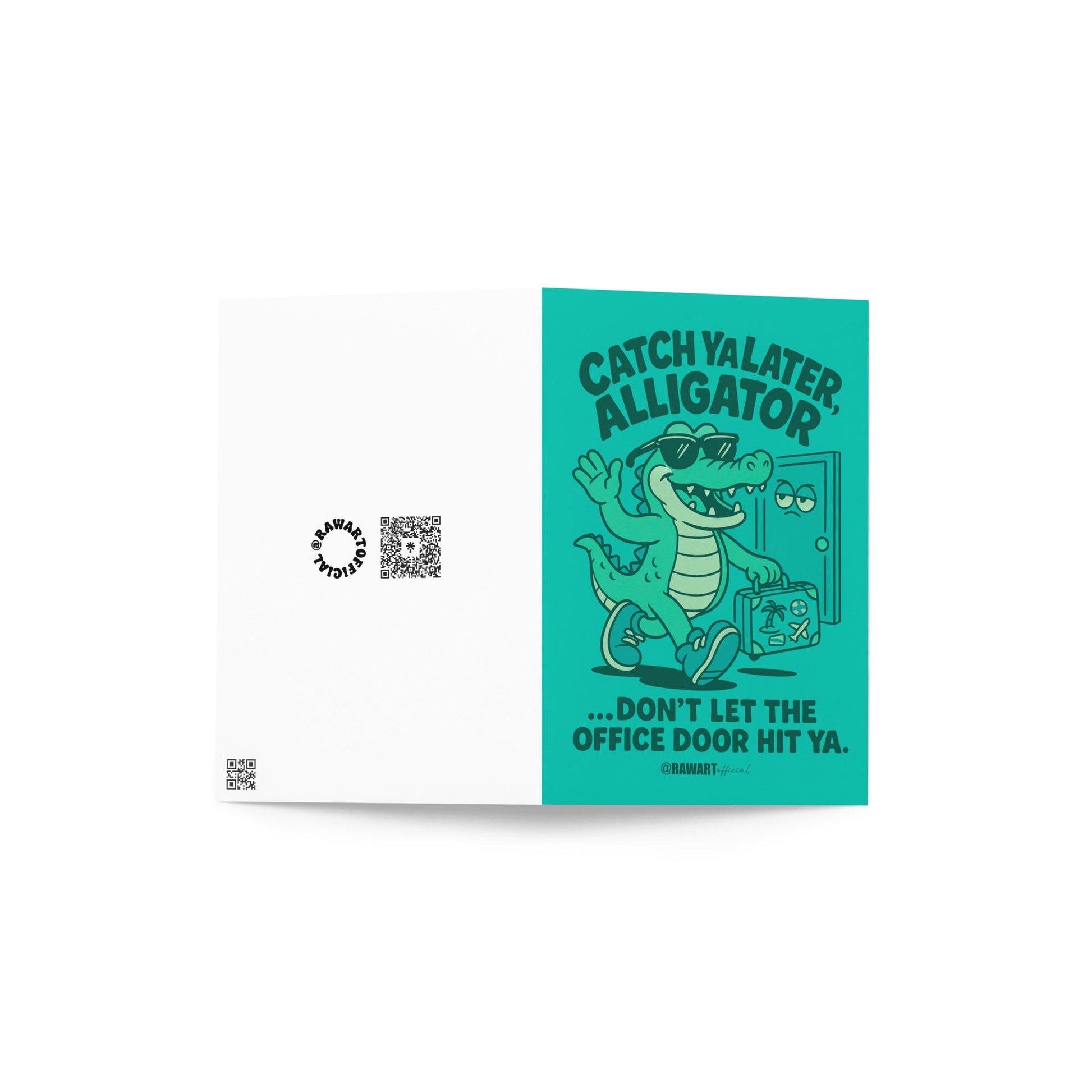 Retro cartoon alligator in sunglasses waving with suitcase, text reads “Catch Ya Later, Alligator.”
