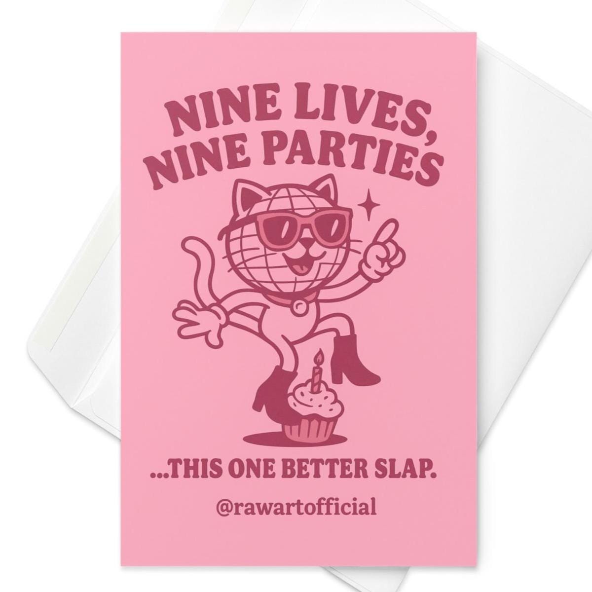 Retro disco cat birthday card with a dancing cat wearing shades and boots, stepping on a cupcake, text reads “Nine Lives, Nine Parties.”