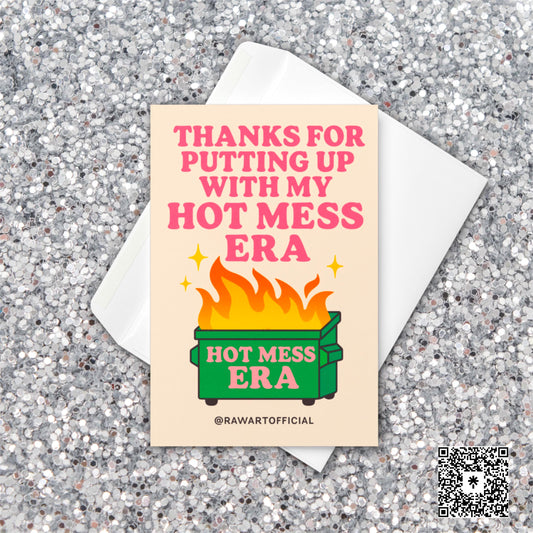 Funny Hot Mess Era card with flaming dumpster retro design and bold pink text.