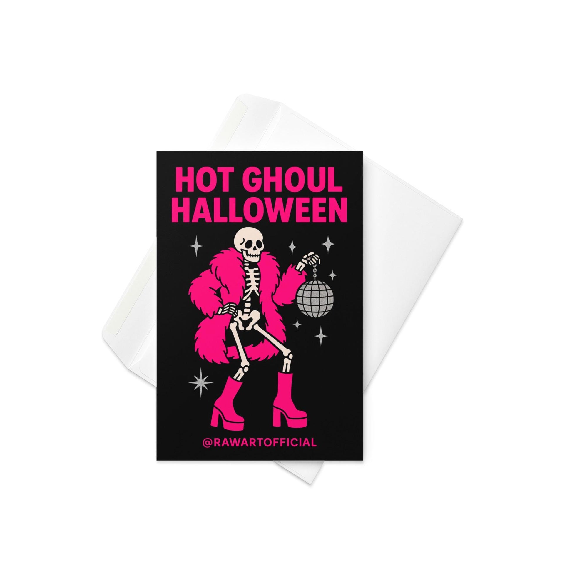 Skeleton in hot pink coat and boots holding disco ball with text “Hot Ghoul Halloween” on black background.