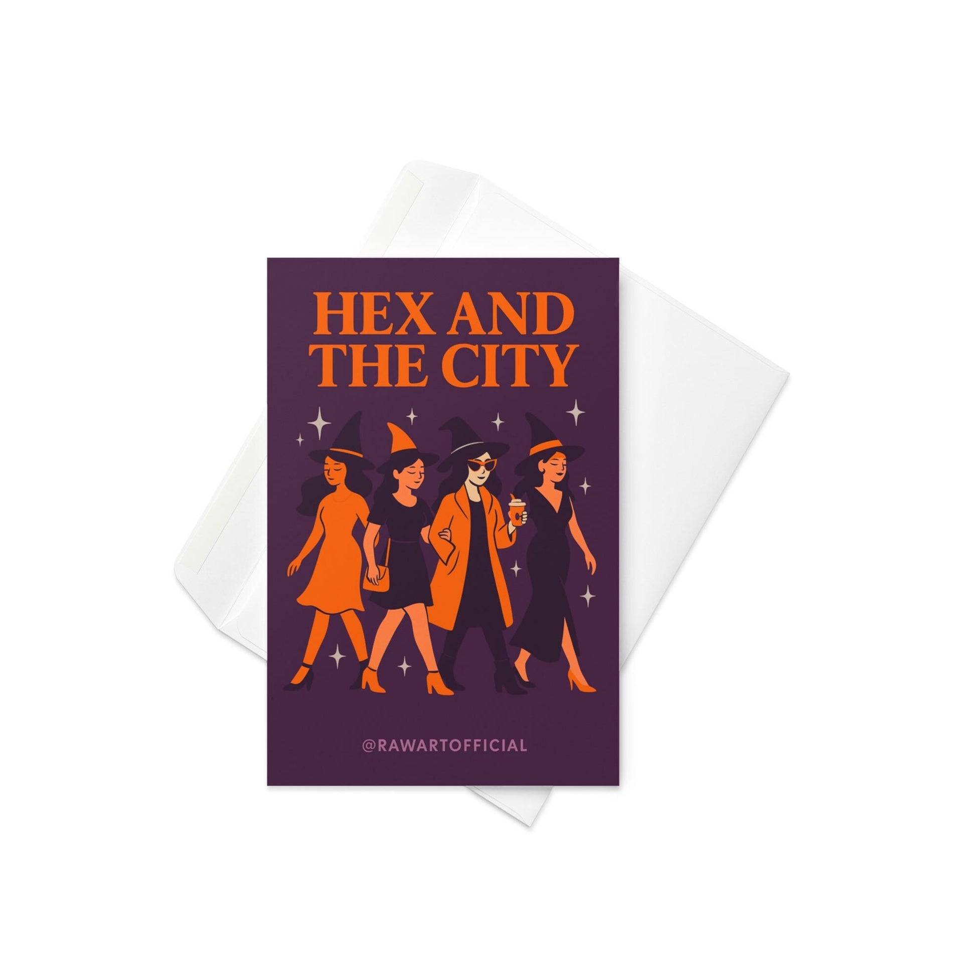 Retro witch-themed greeting card “Hex and the City” featuring four stylish witches in hats walking like a spooky girl gang.