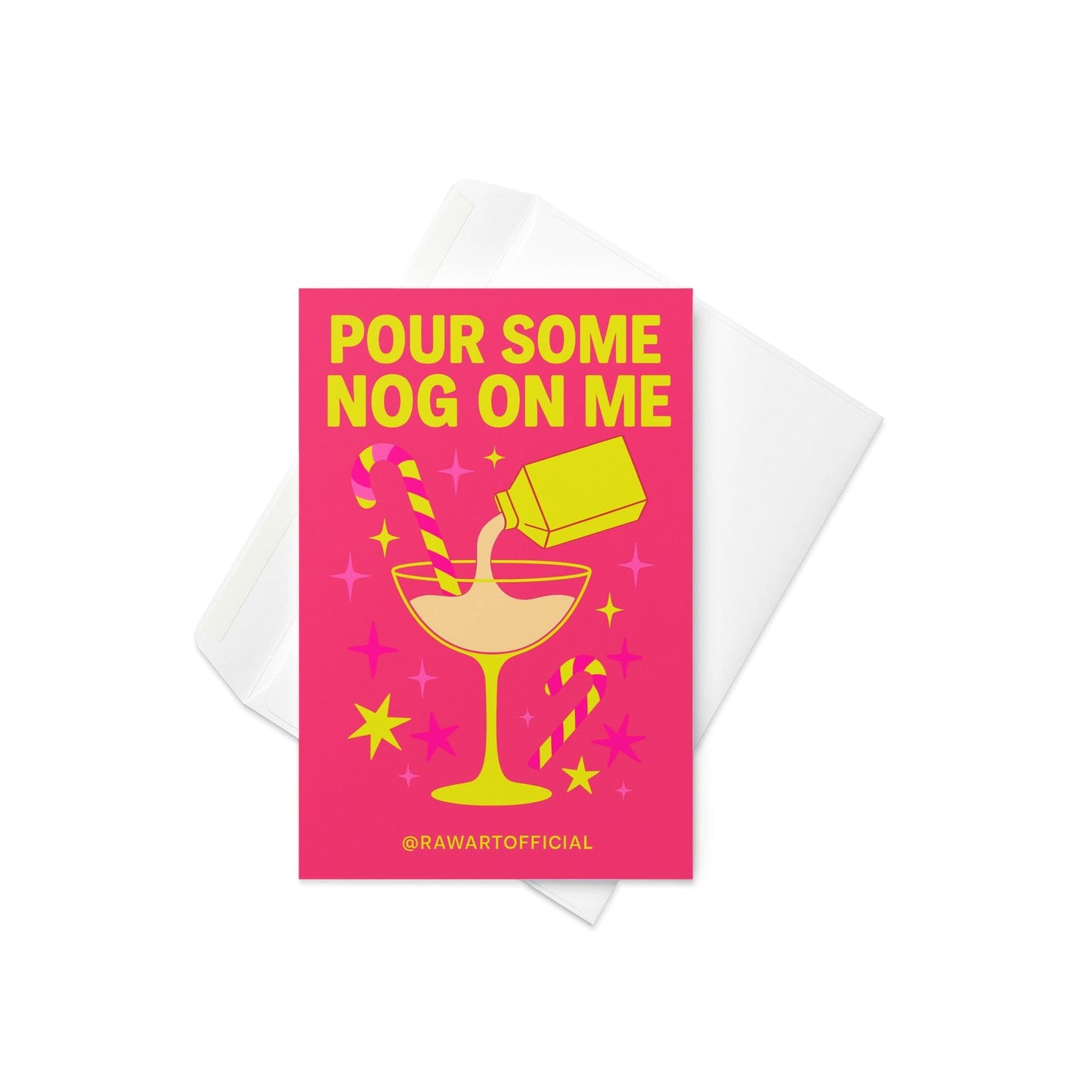 Retro hot pink Christmas card with eggnog cocktail and candy canes, text “Pour Some Nog on Me.”