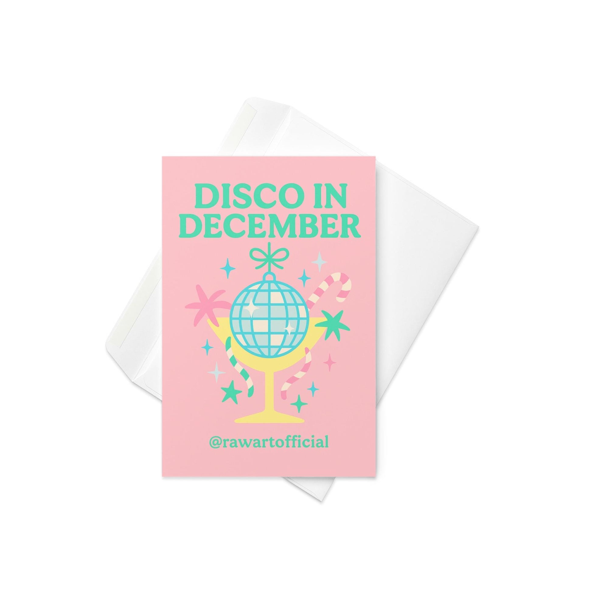 Retro pink holiday card with disco ball in a cocktail glass and candy canes – “Disco in December.”