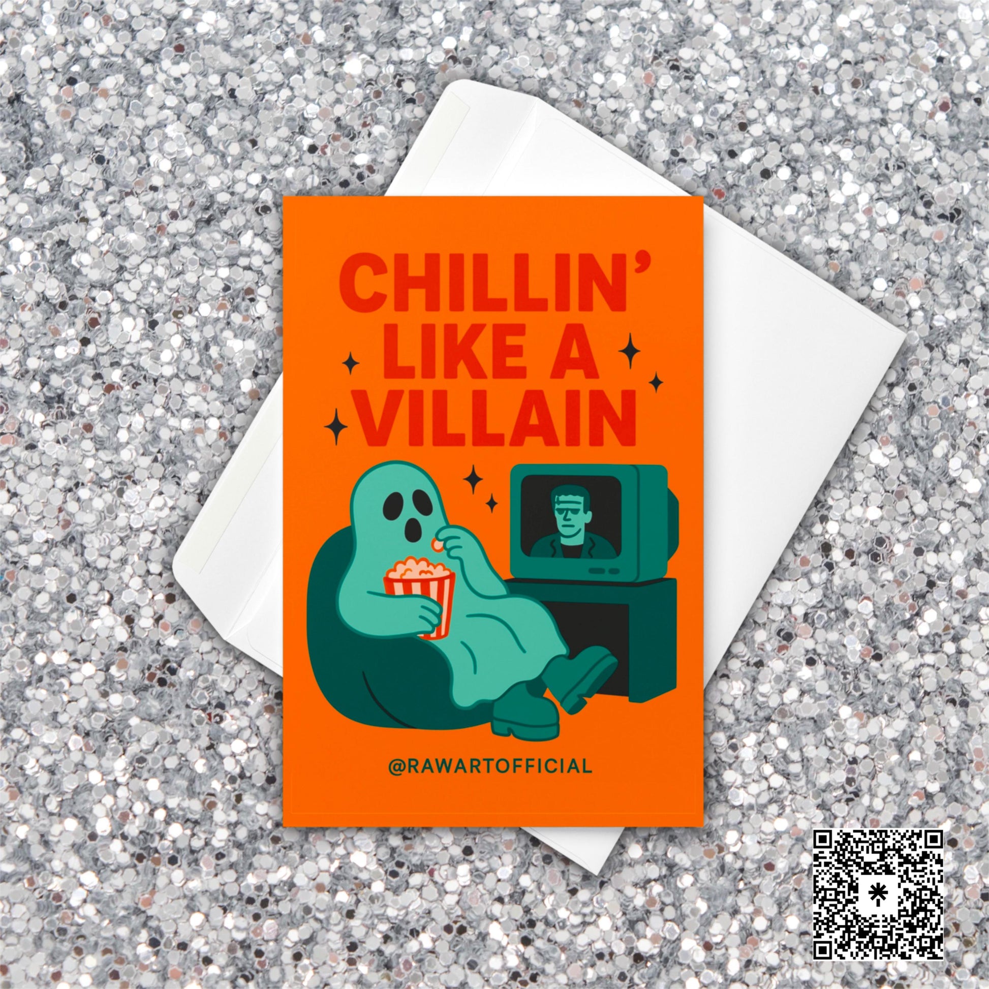 Funny Halloween card with retro ghost eating popcorn and “Chillin’ Like a Villain” text.
