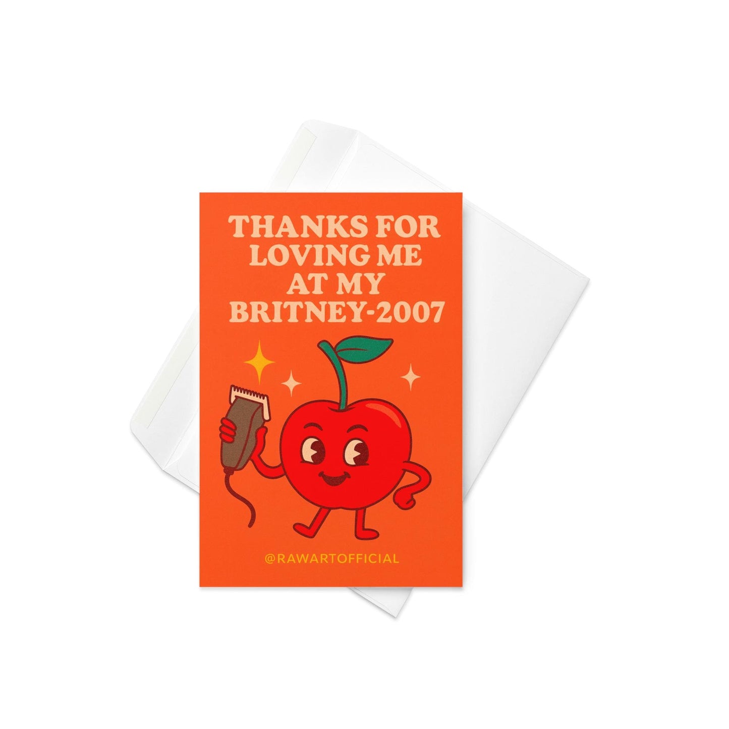 Retro cherry cartoon holding clippers with text “Thanks for Loving Me at My Britney-2007” funny greeting card.