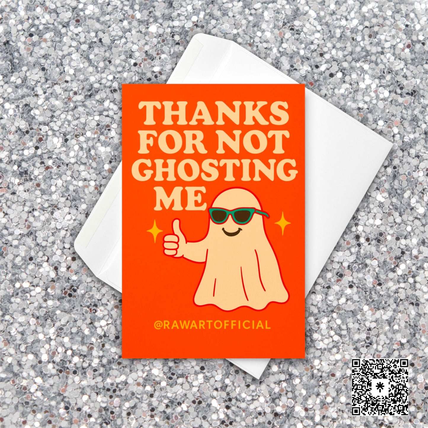 Retro ghost thank you card with sunglasses and “Thanks For Not Ghosting Me” text.