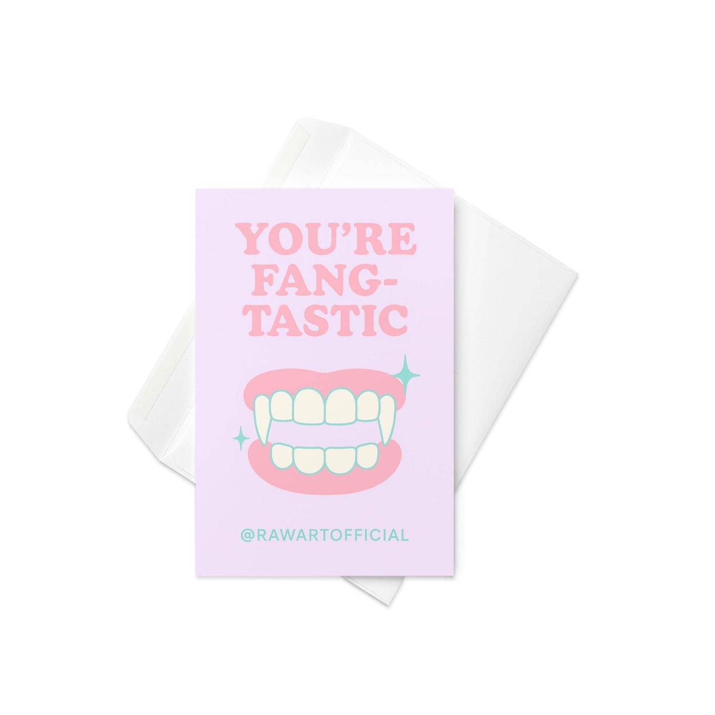 “You’re Fangtastic” Halloween card with cartoon vampire fangs in pastel pink and mint