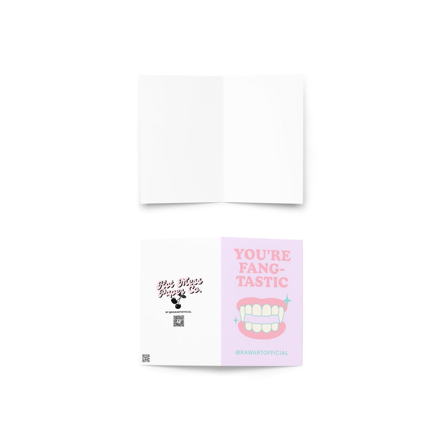“You’re Fangtastic” Halloween card with cartoon vampire fangs in pastel pink and mint