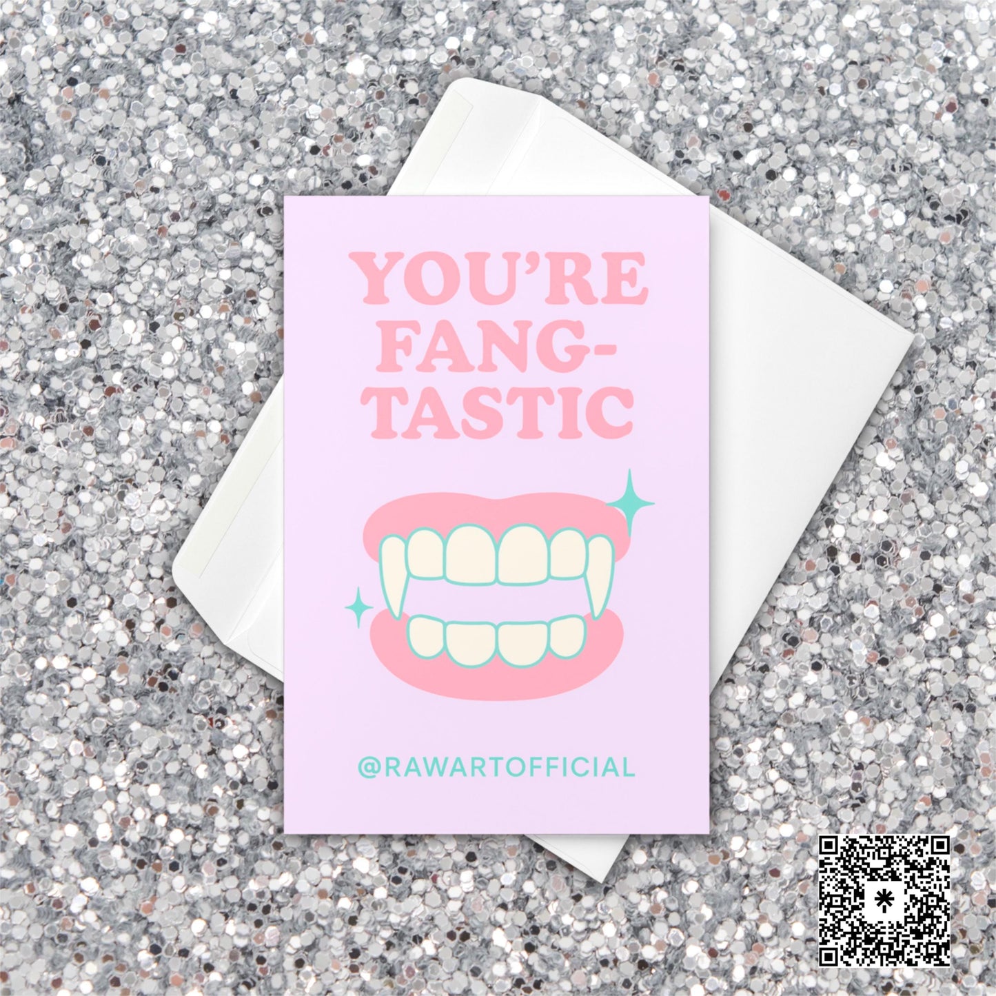 “You’re Fangtastic” Halloween card with cartoon vampire fangs in pastel pink and mint