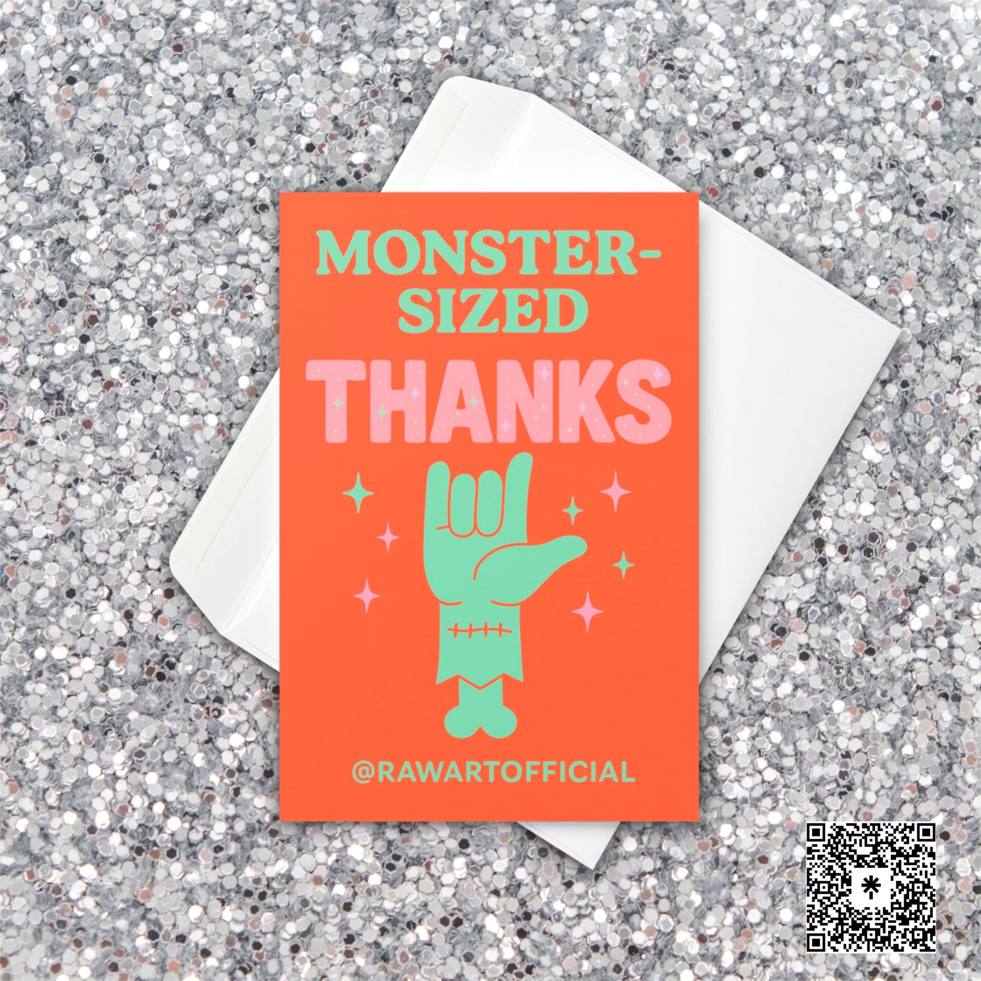 Halloween thank you card with green monster hand and pastel sparkles, reading “Monster-Sized Thanks,” retro Hot Mess Paper Co design by @rawartofficial.