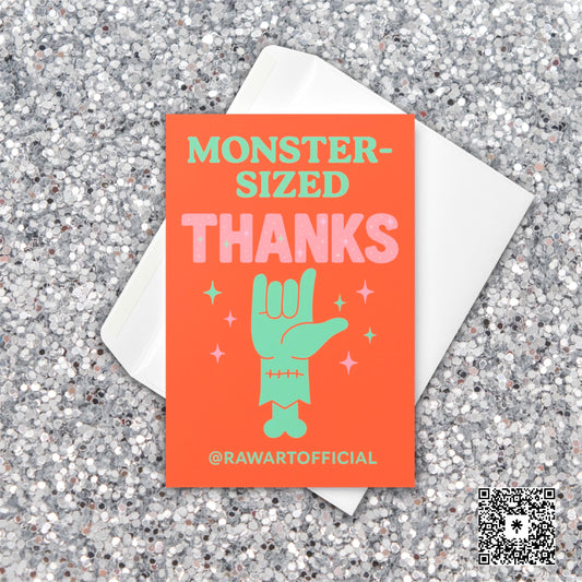 Halloween thank you card with green monster hand and pastel sparkles, reading “Monster-Sized Thanks,” retro Hot Mess Paper Co design by @rawartofficial.