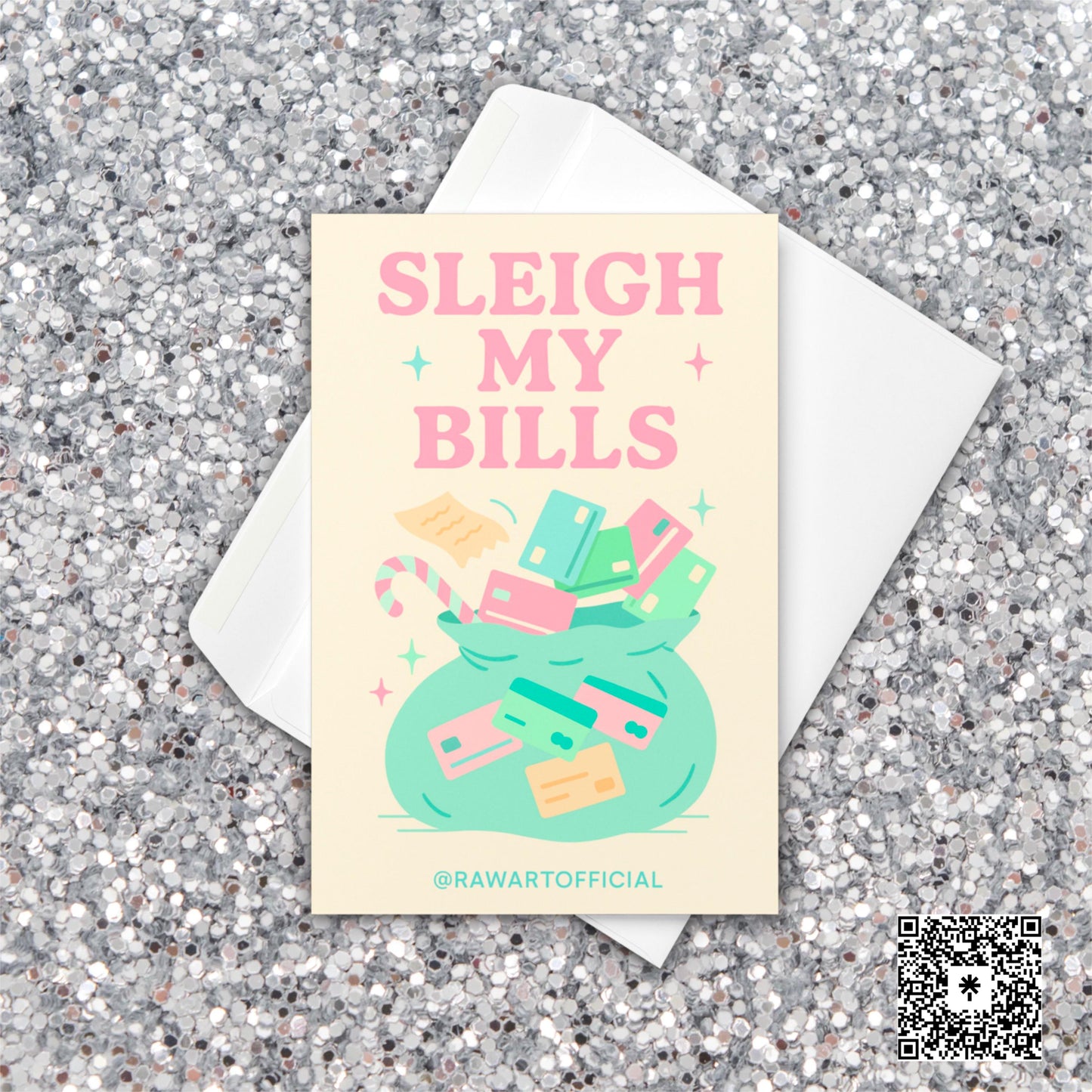 Retro pastel Christmas card with sack of credit cards and receipts under “Sleigh My Bills” phrase, funny hot mess holiday design.