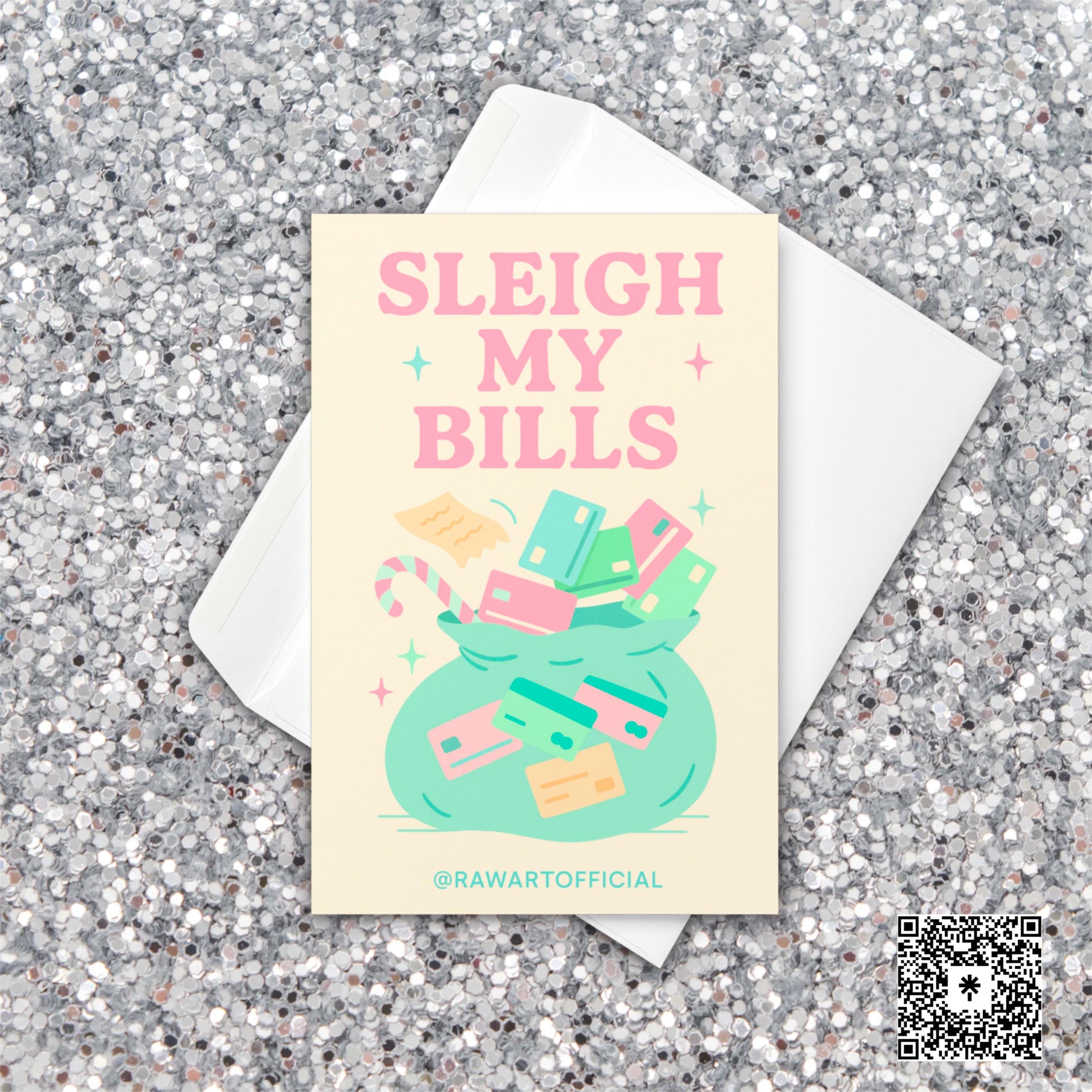 Retro pastel Christmas card with sack of credit cards and receipts under “Sleigh My Bills” phrase, funny hot mess holiday design.