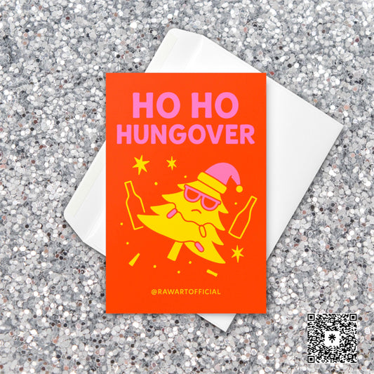 Retro funny Christmas card with cartoon hungover tree in sunglasses, bottles, and bold text “Ho Ho Hungover” in pink letters.