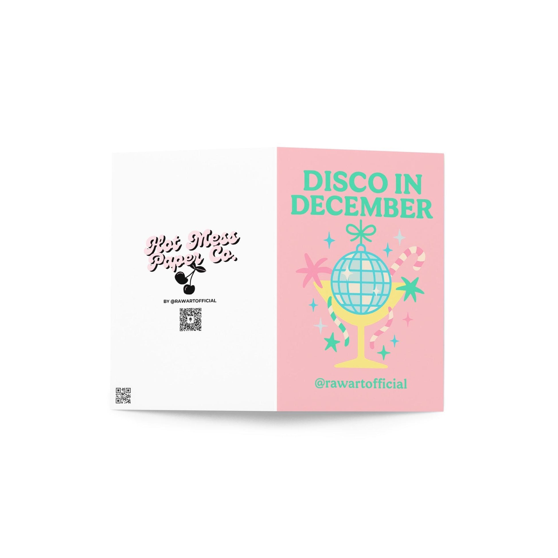 Retro pink holiday card with disco ball in a cocktail glass and candy canes – “Disco in December.”