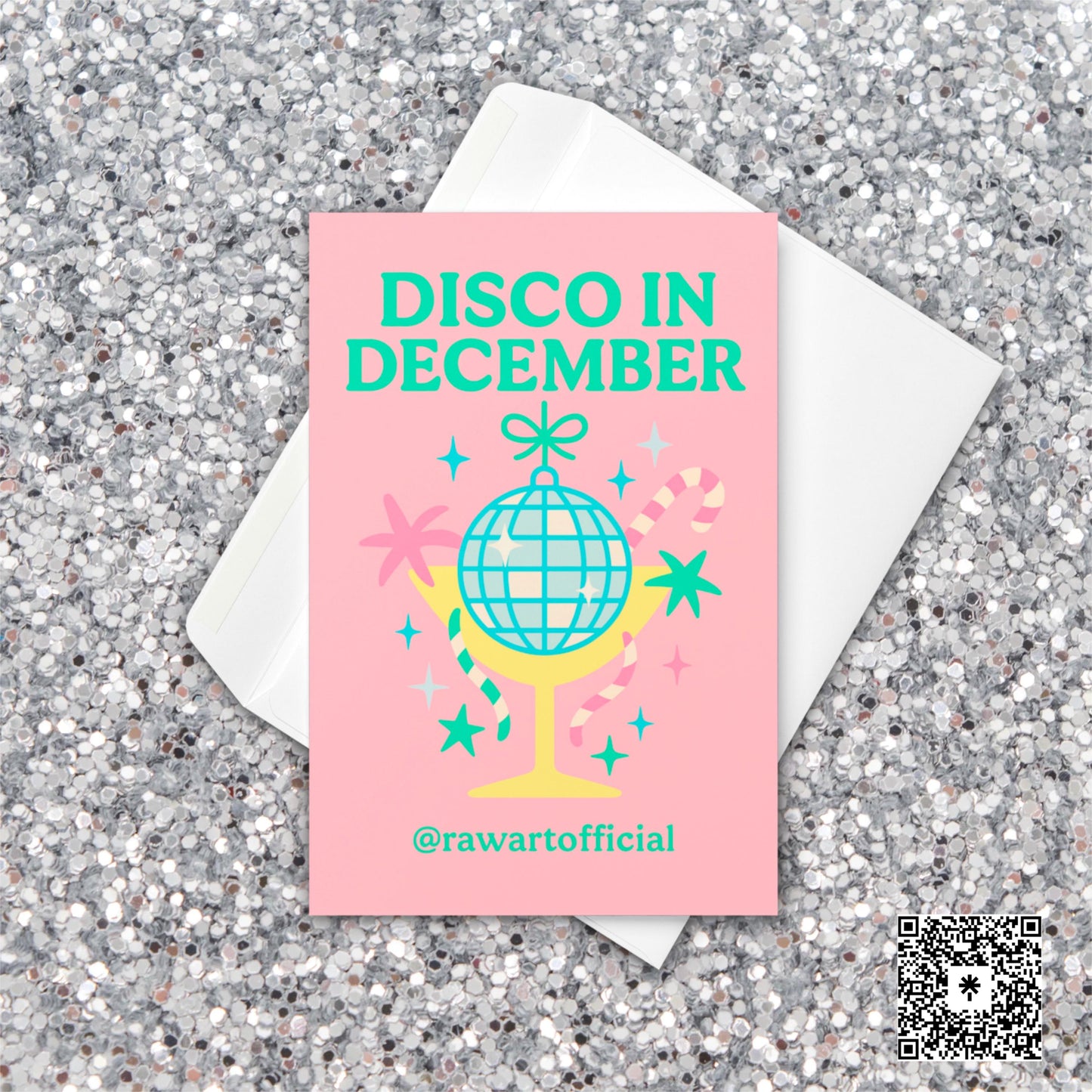 Retro pink holiday card with disco ball in a cocktail glass and candy canes – “Disco in December.”